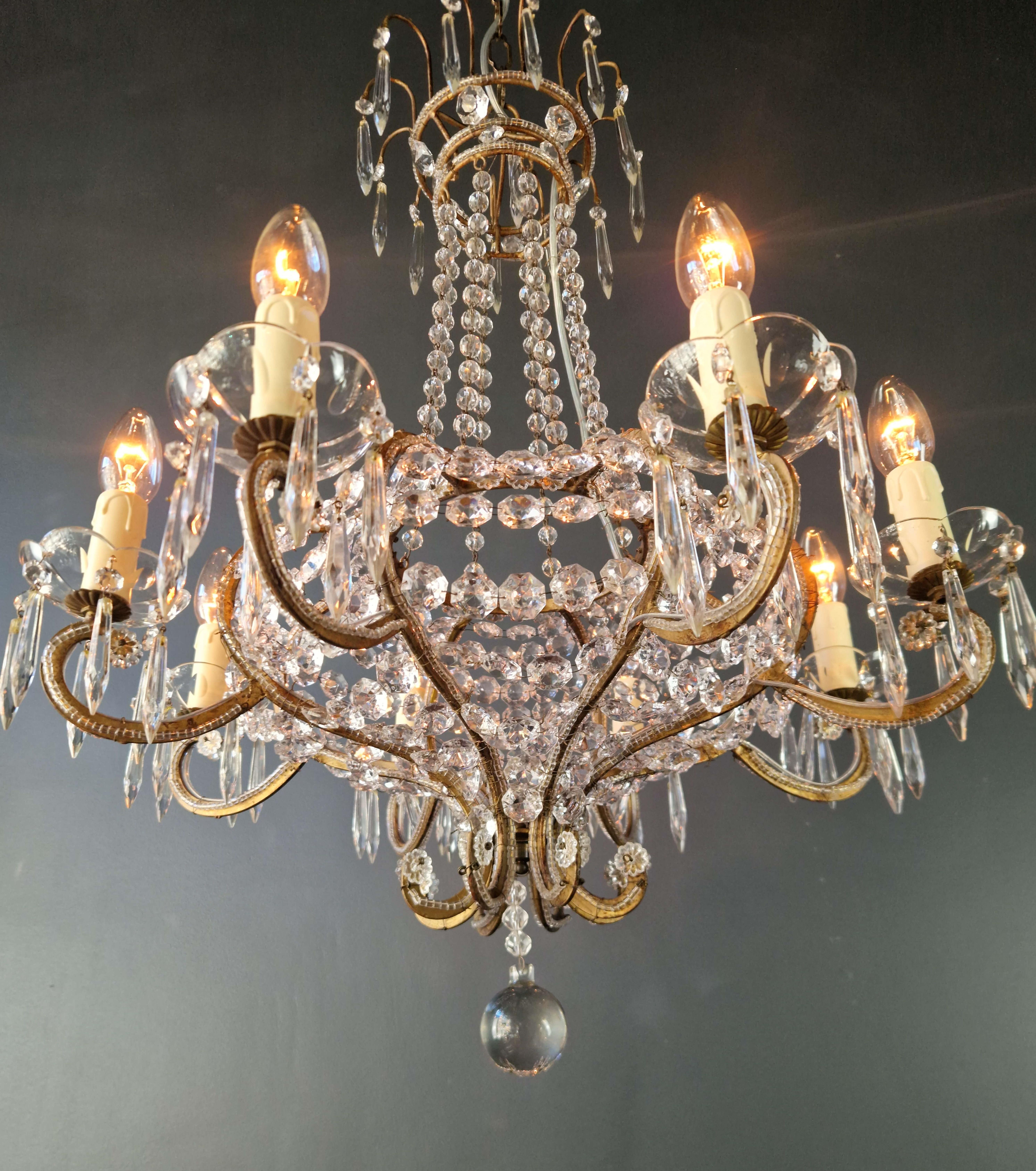 Brass Louis XVI style crystal antique chandelier ceiling shine Art Nouveau France For Sale