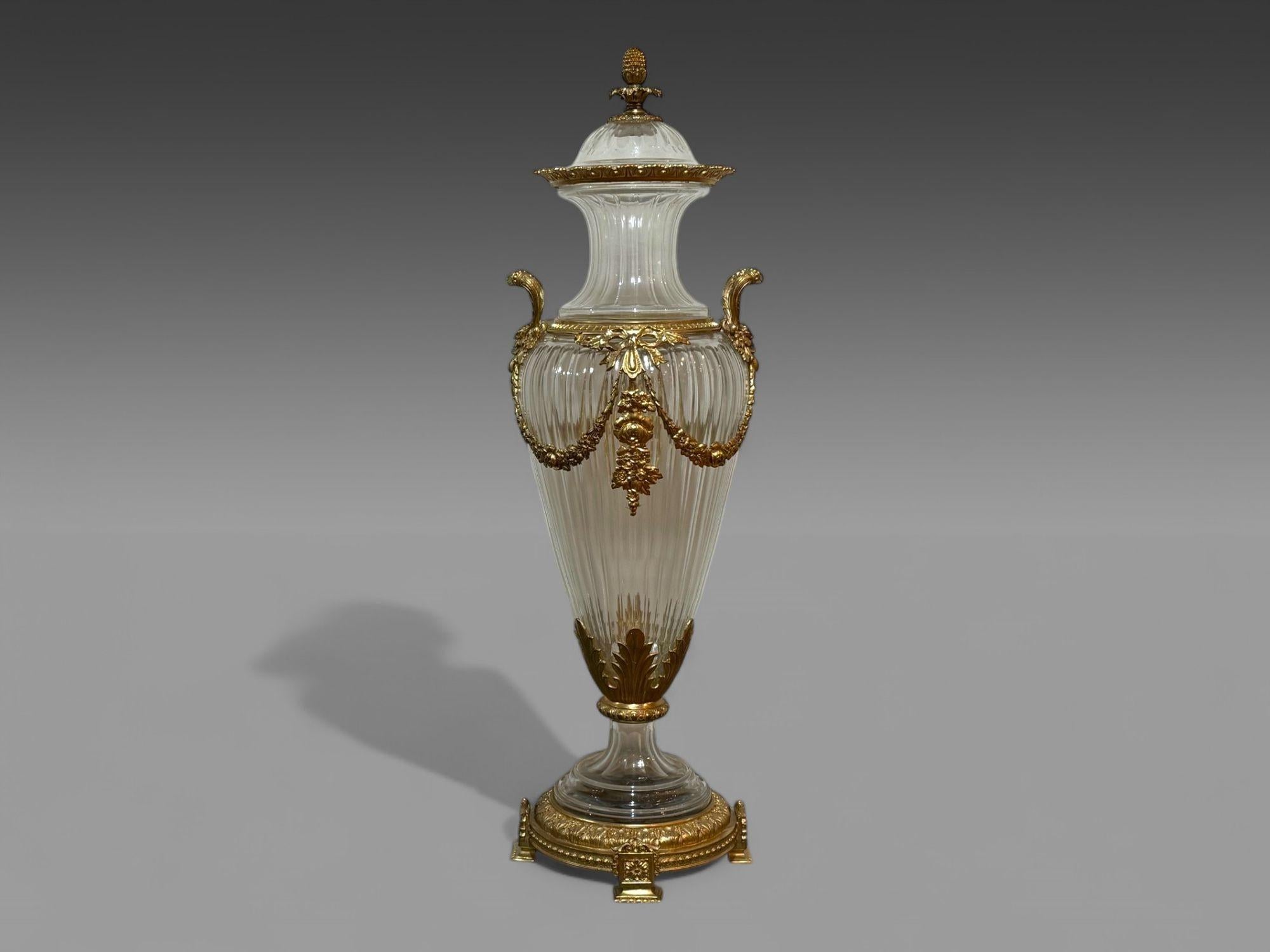 Italian Louis XVI Style, Crystal, Bronze, Monumental Lidded Urns, Italy, 20th c. For Sale
