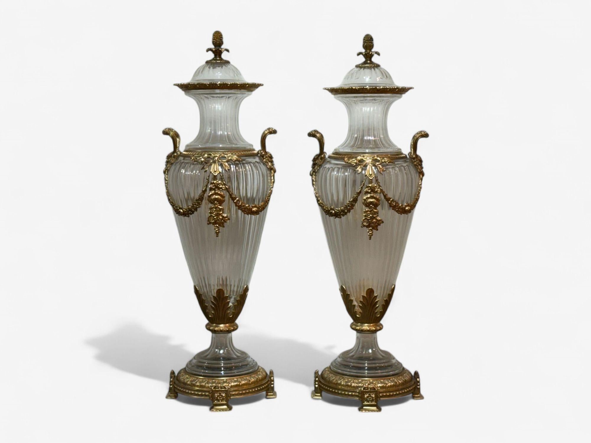 Louis XVI Style, Crystal, Bronze, Monumental Lidded Urns, Italy, 20th c. In Good Condition For Sale In Manhasset, NY