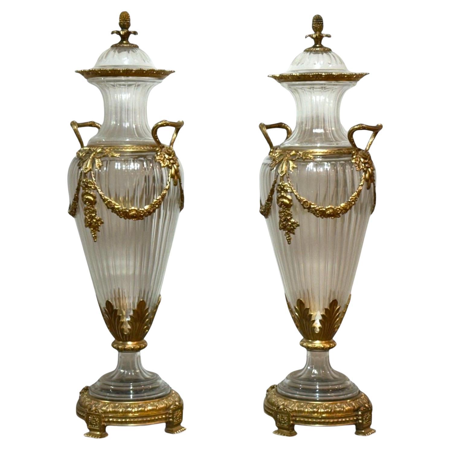 Louis XVI Style, Crystal, Bronze, Monumental Lidded Urns, Italy, 20th c. For Sale