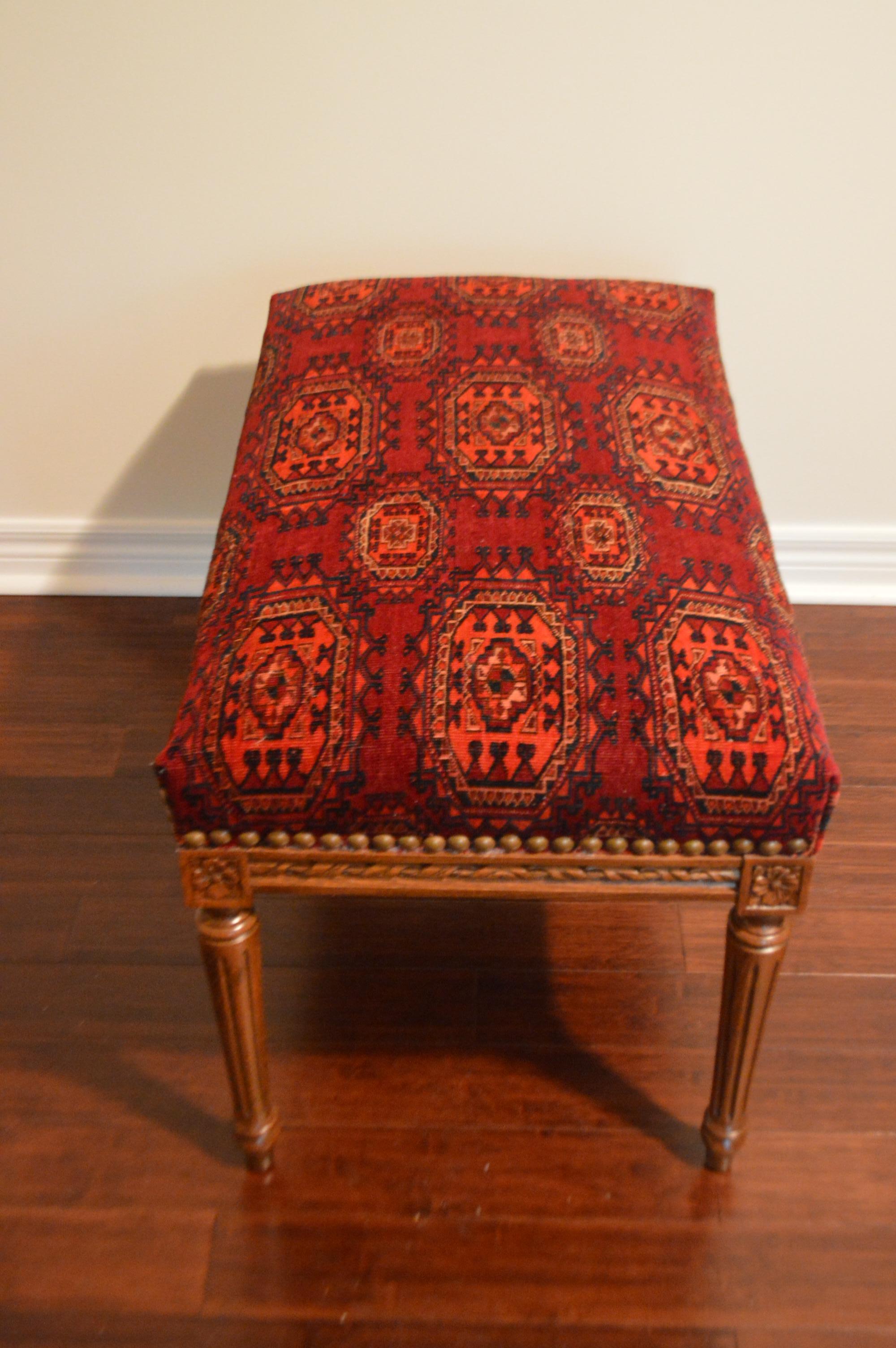 Stained Louis XVI Style Custom Made Bench Upholstered with an Antique Rug
