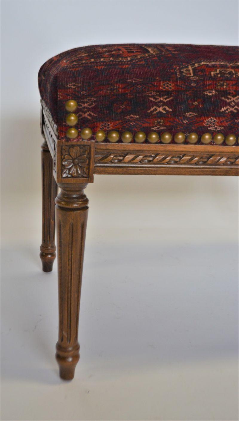 Contemporary Louis XVI Style Custom Made Bench Upholstered with an Antique Rug