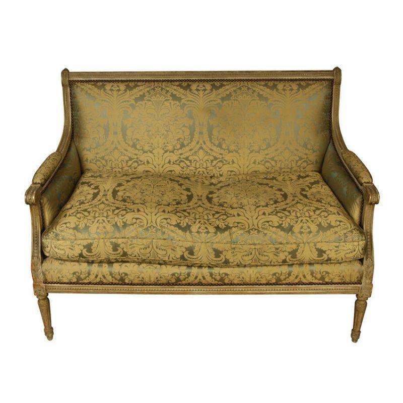 Louis XVI Style Damask Upholstered and Carved Settee In Good Condition In Locust Valley, NY