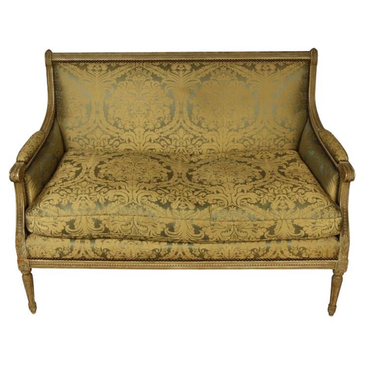 Louis XVI Style Damask Upholstered and Carved Settee For Sale