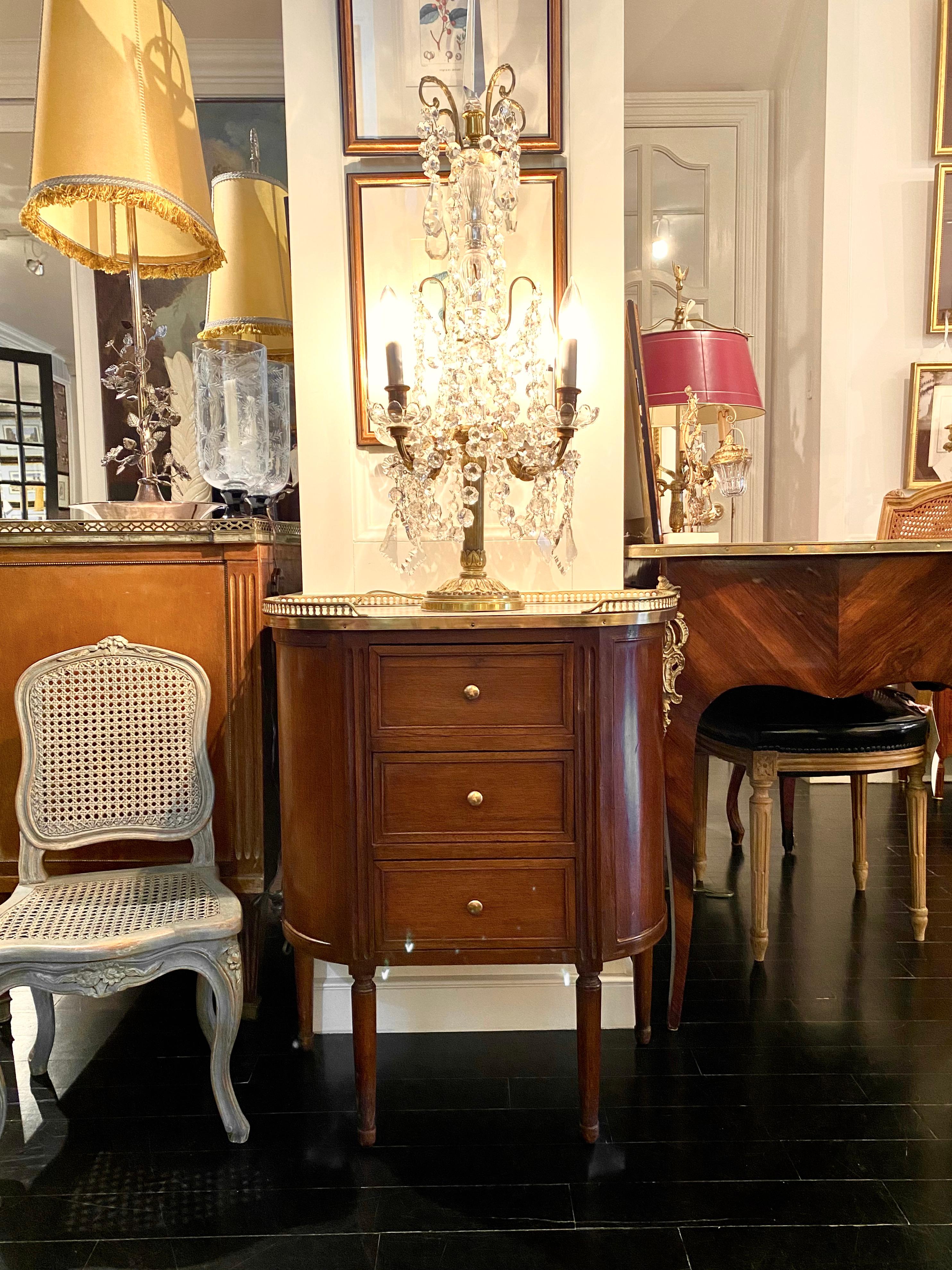 French Louis XVI Style Demi-Lune Cabinet with Marble Top and Bronze Gallery For Sale
