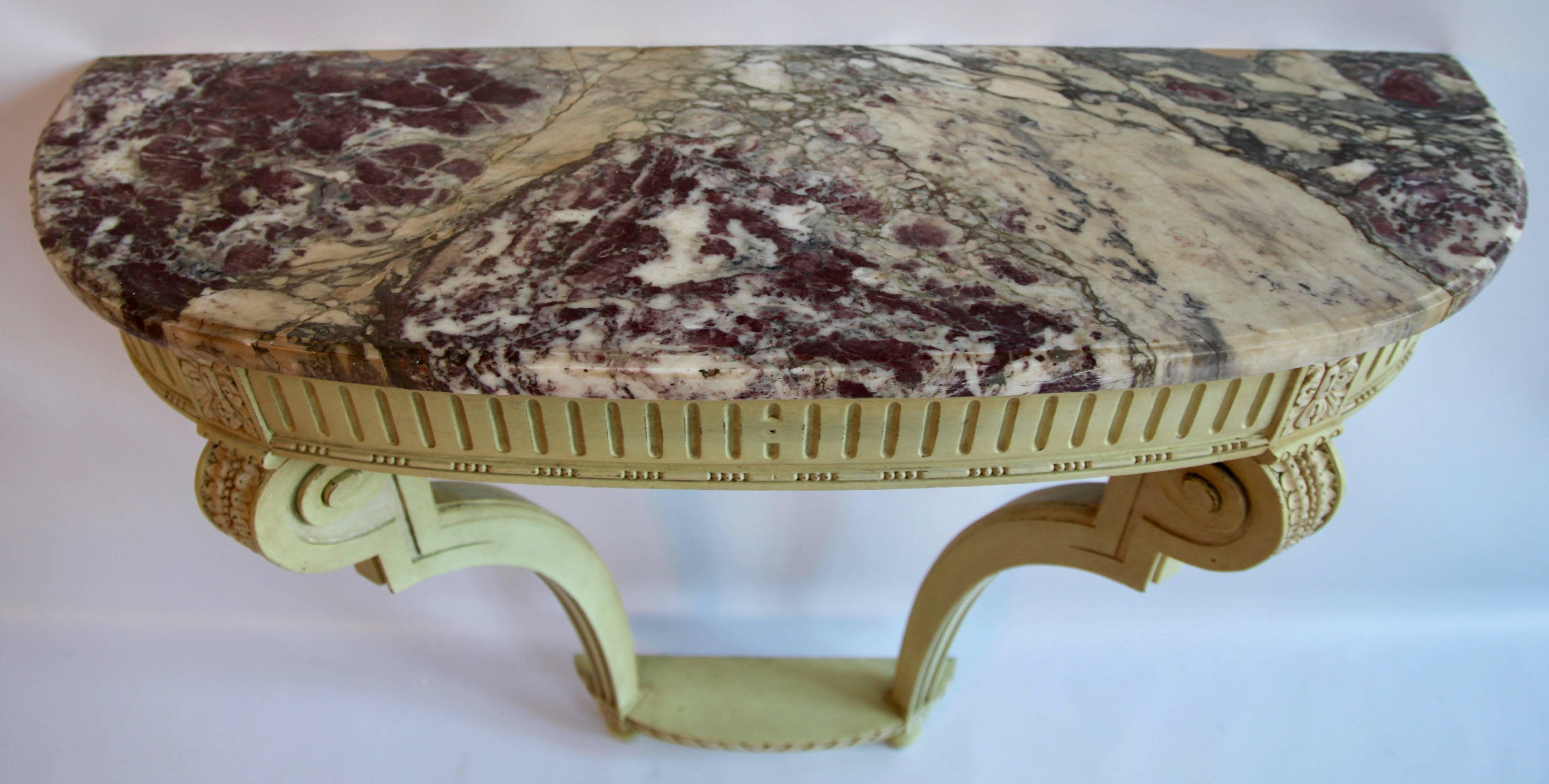 Hand-Painted Louis XVI Style Demi Lune Console with Marble Top