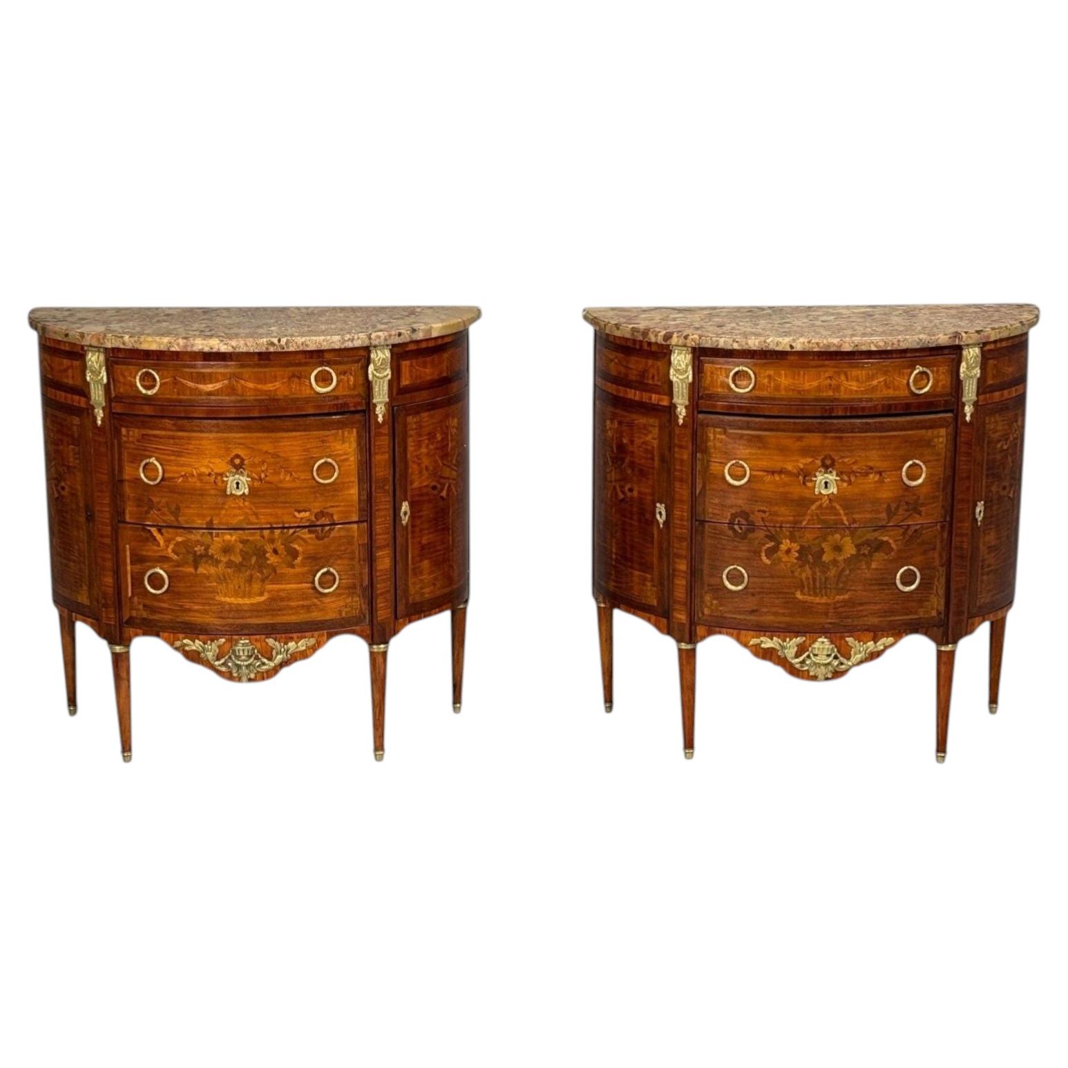 Louis XVI Style, Demilune Commodes, A Pair, Inlaid, Bronze, France, 19th c.