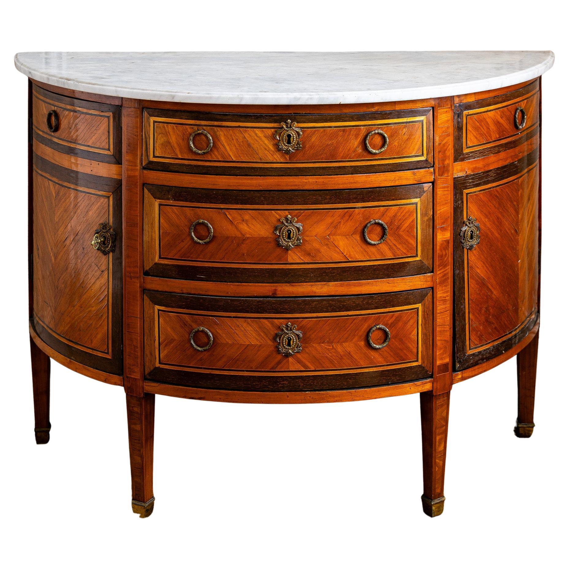Louis XVI Style Demilune Marquetry Commode with Marble Top For Sale