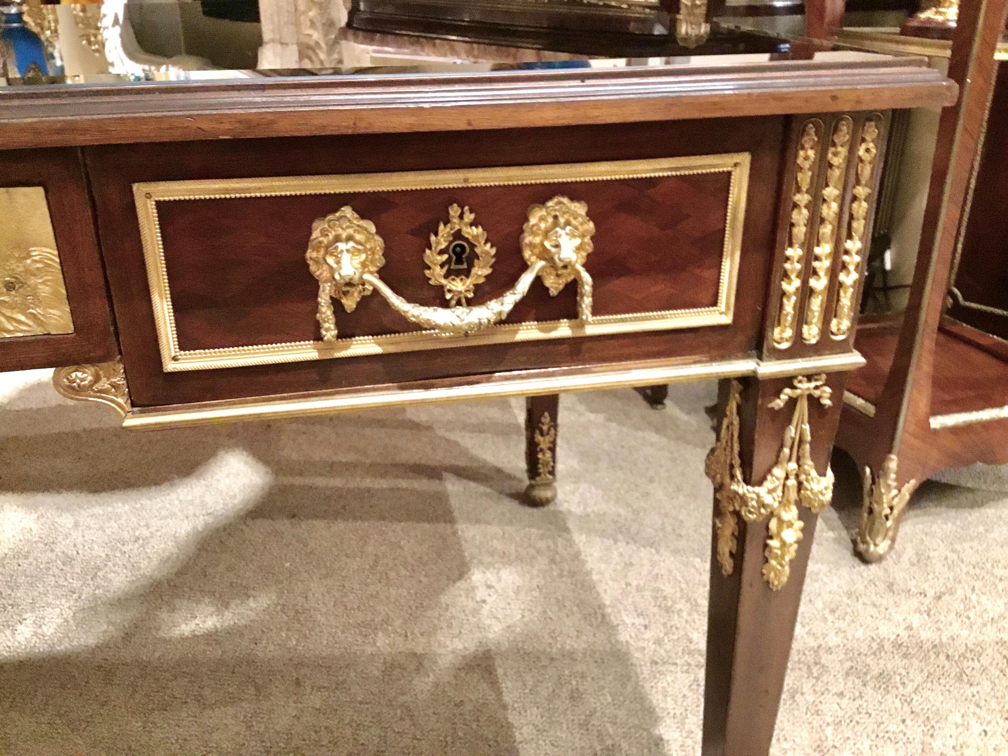 19th Century Louis XVI Style Desk/ Bureau Plat, Mahogany with Black Leather Top