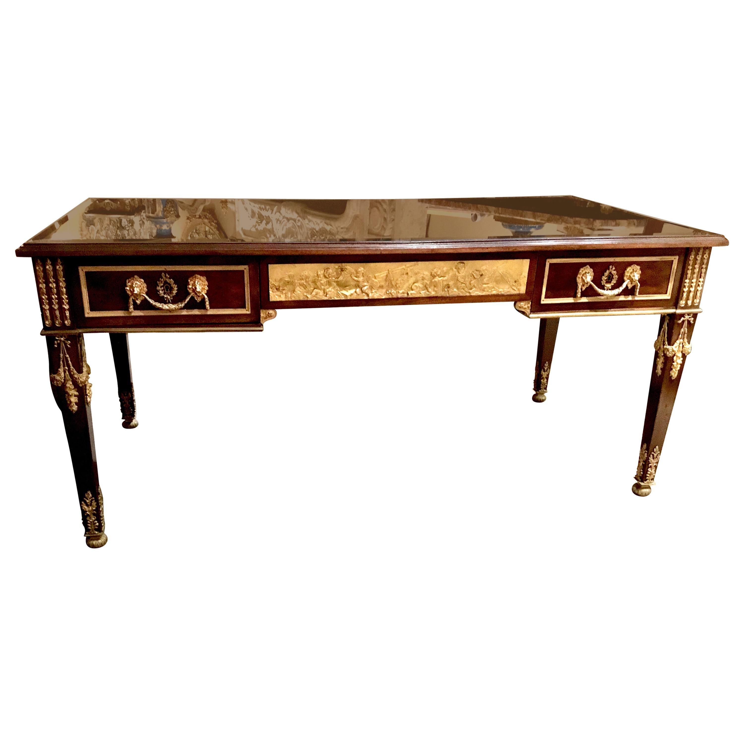 Louis XVI Style Desk/ Bureau Plat, Mahogany with Black Leather Top