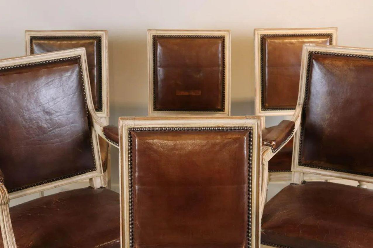 French Louis XVI Style Dining Chairs, Leather Upholstery