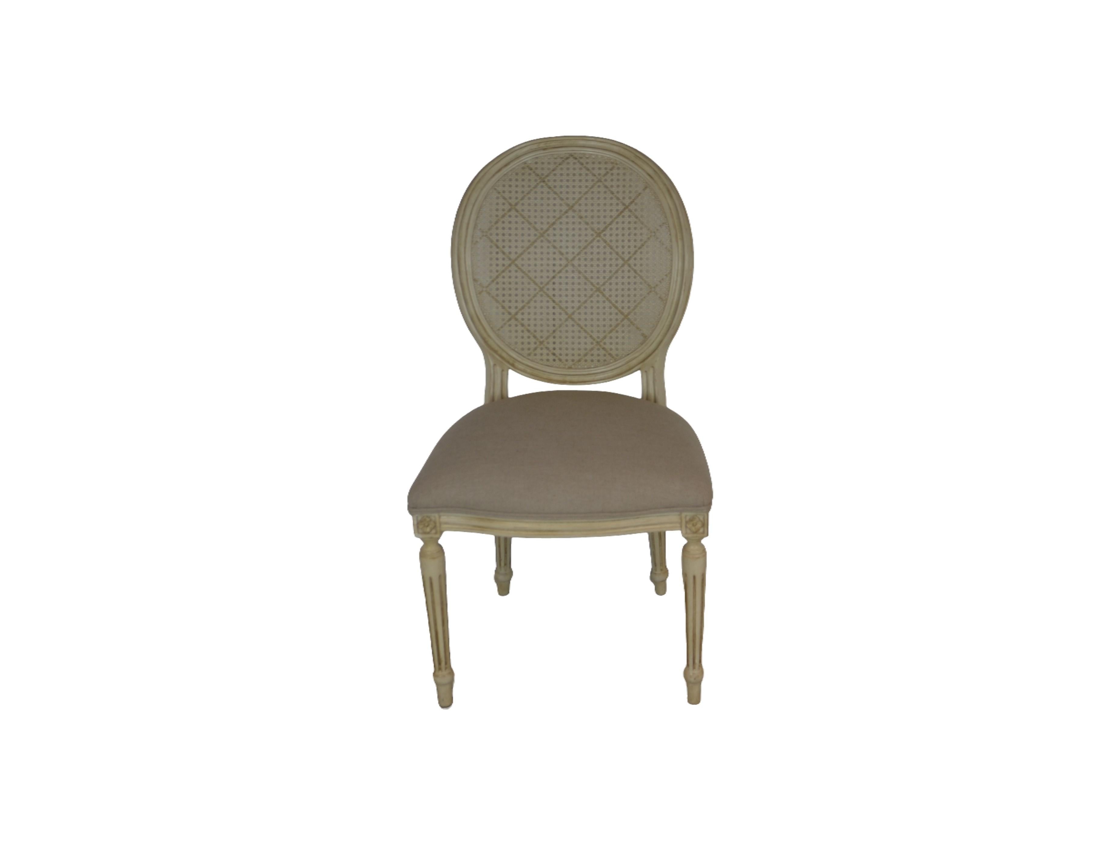 Set of 6 Louis xvi style dining chairs. The back is cane and the seats are upholstered in light gray linen. Pair of armchair Dimensions: 26