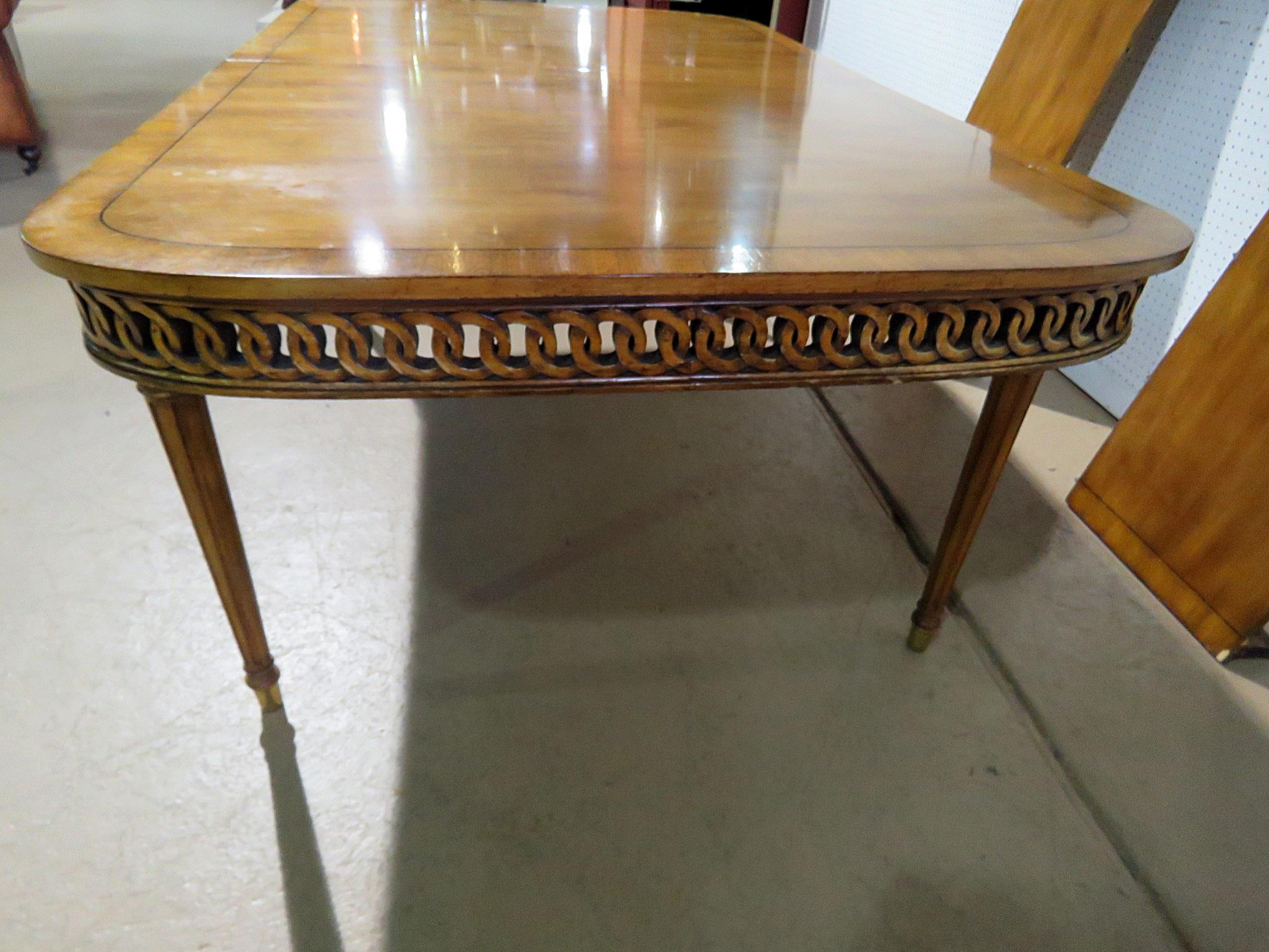 20th Century Carved Walnut French Louis XVI Style Dining Table w Pierce Carved Circular Skirt