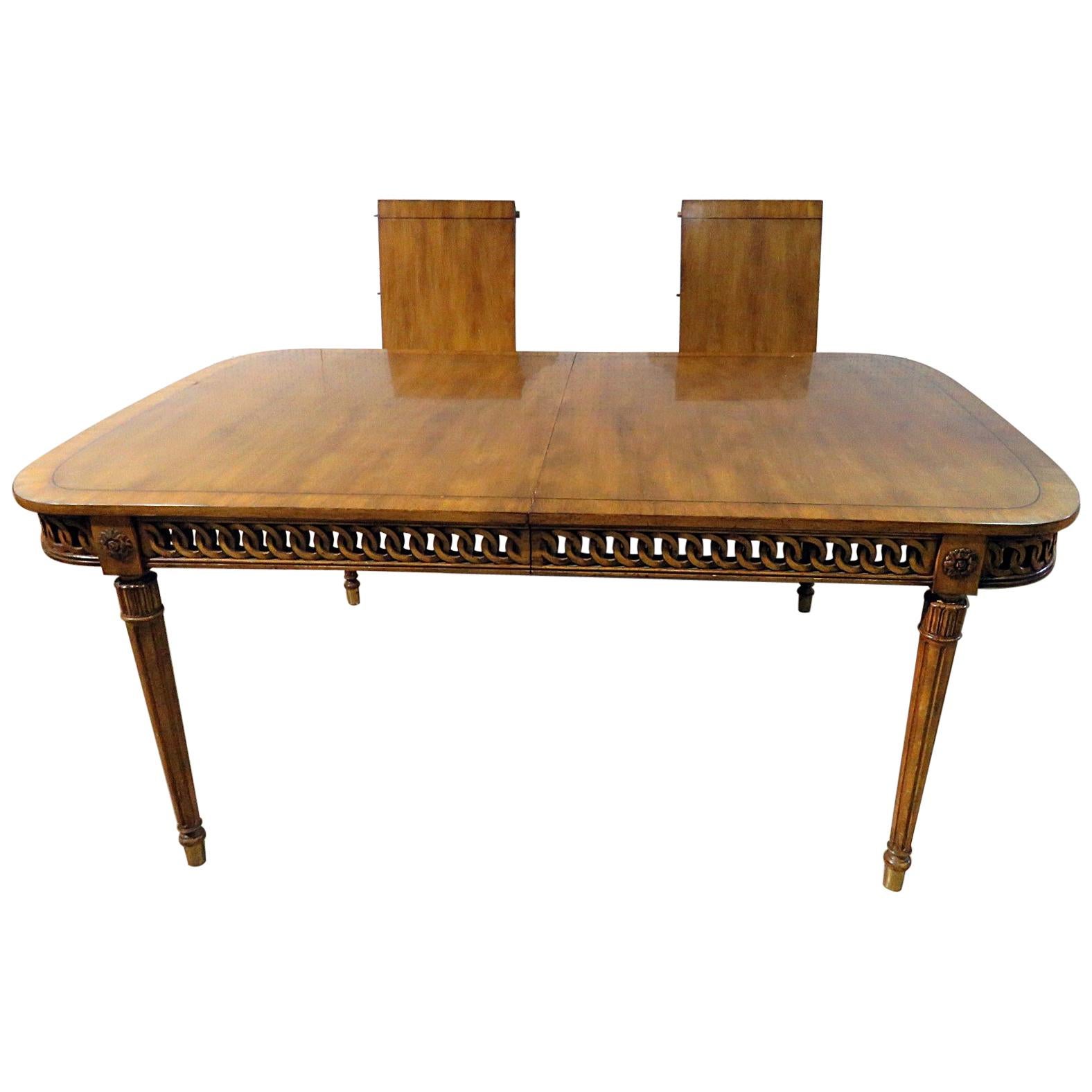Carved Walnut French Louis XVI Style Dining Table w Pierce Carved Circular Skirt