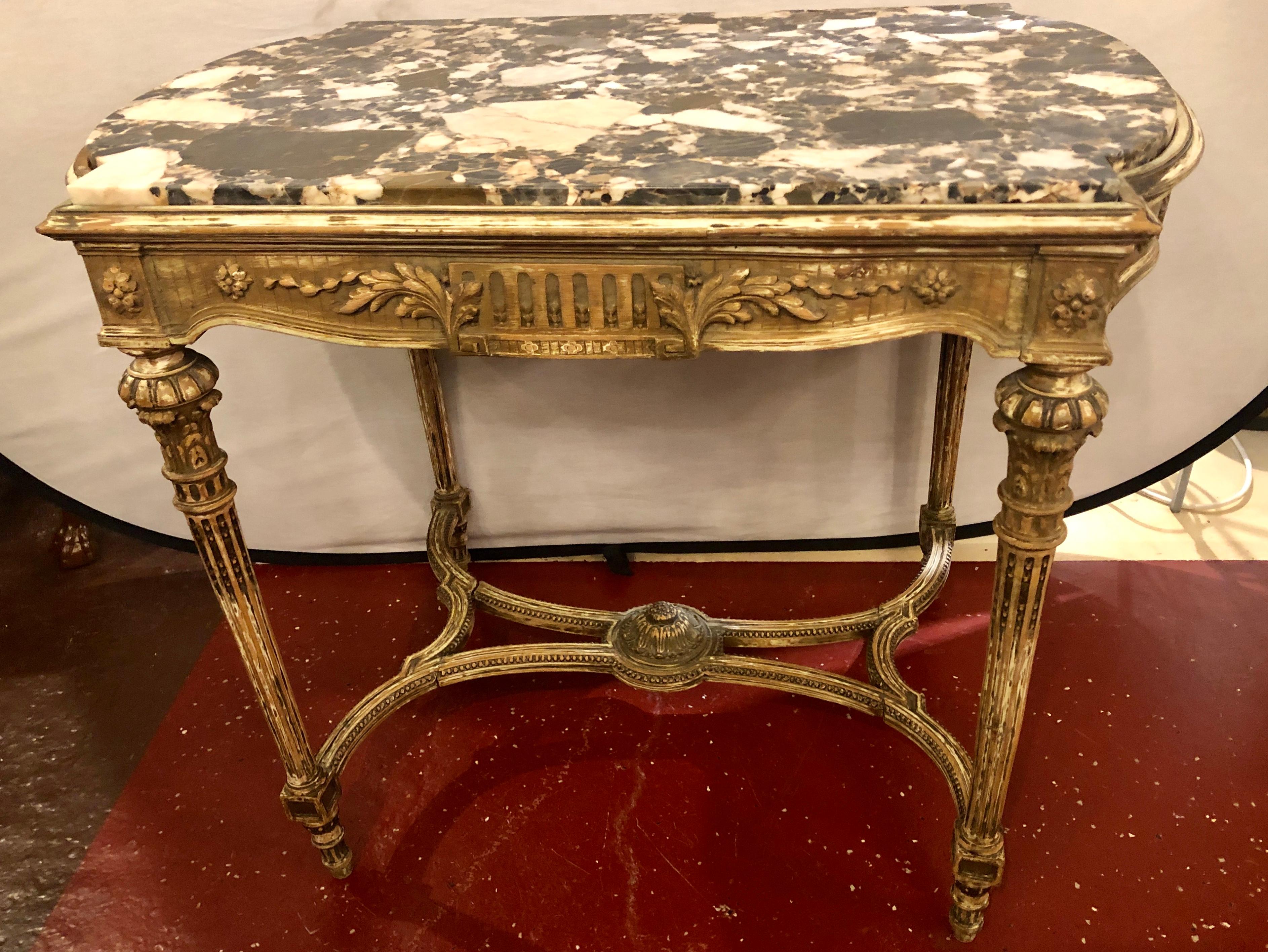 French Louis XVI Style Distressed Paint Decorated 19th Century Marble Top Center Table