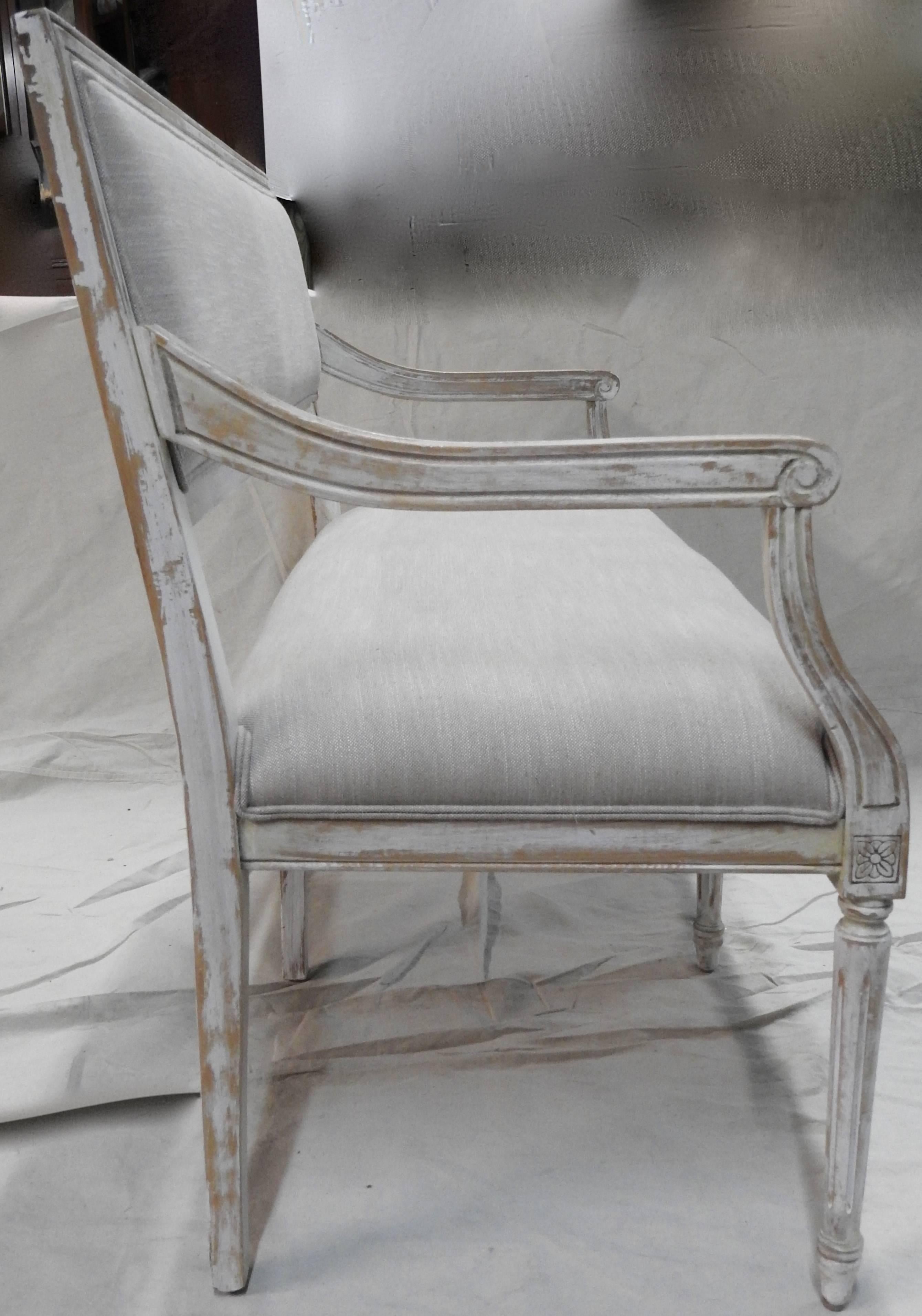 Hand-Crafted Louis XVI Style Distressed Painted Hall Bench Settee For Sale