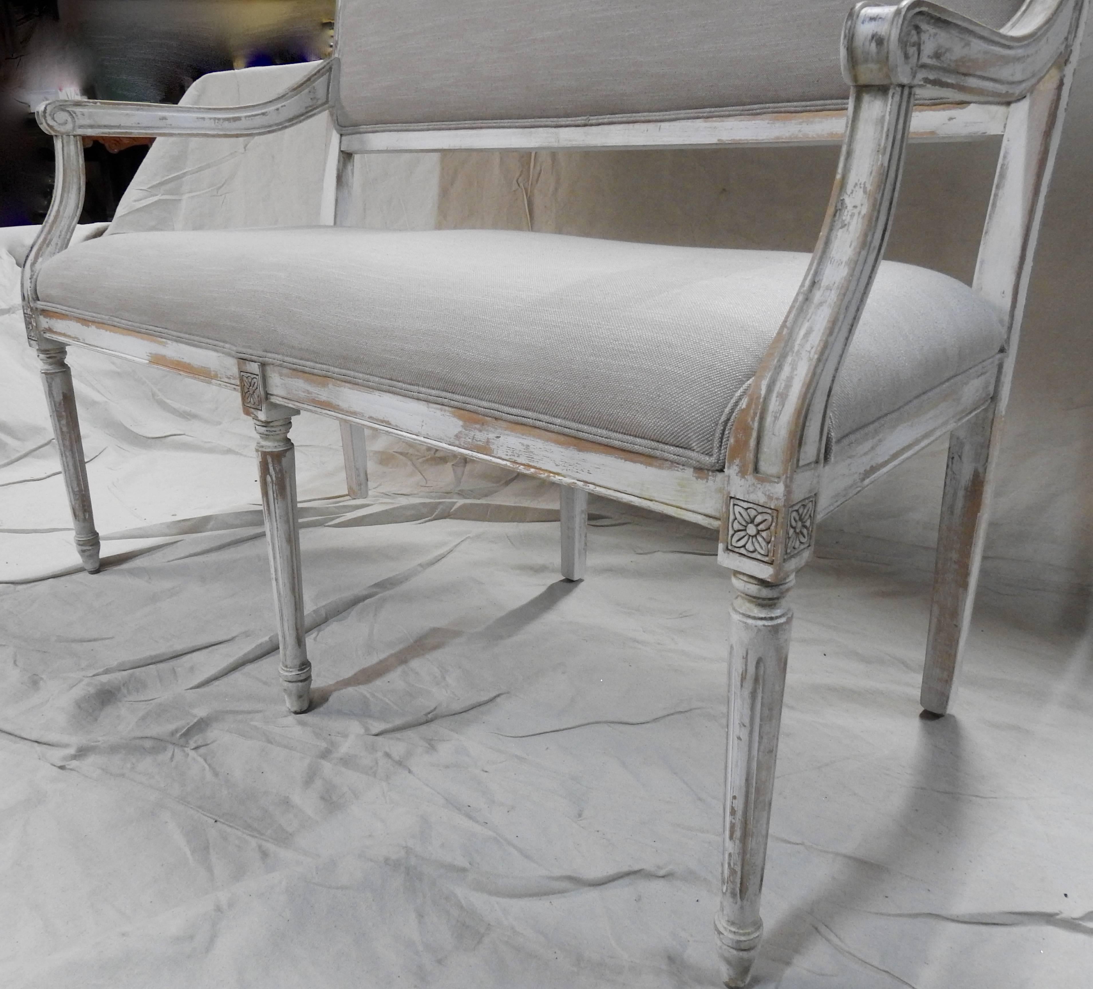 Louis XVI Style Distressed Painted Hall Bench Settee For Sale 2