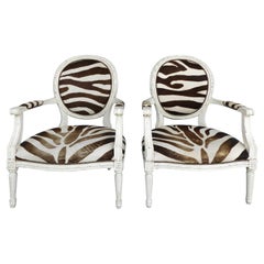 Louis XVI Style Distressed Painted Wood Armchairs with a Faux Zebra Print Skin