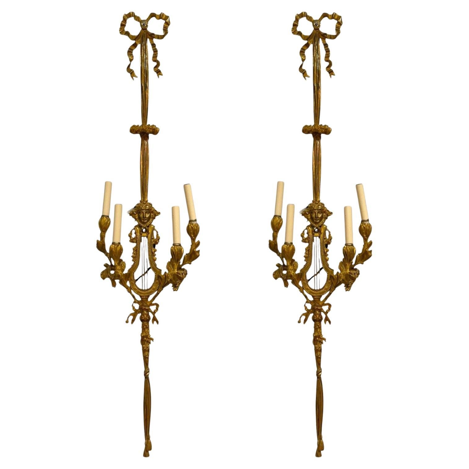 Louis XVI Style, Doré Bronze, Monumental Wall Sconces, France, 19th C.