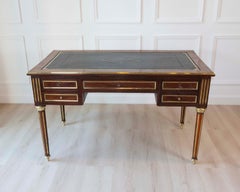 Louis XVI-Style Double-Sided Wood and Brass Bureau Plat with Leather Top