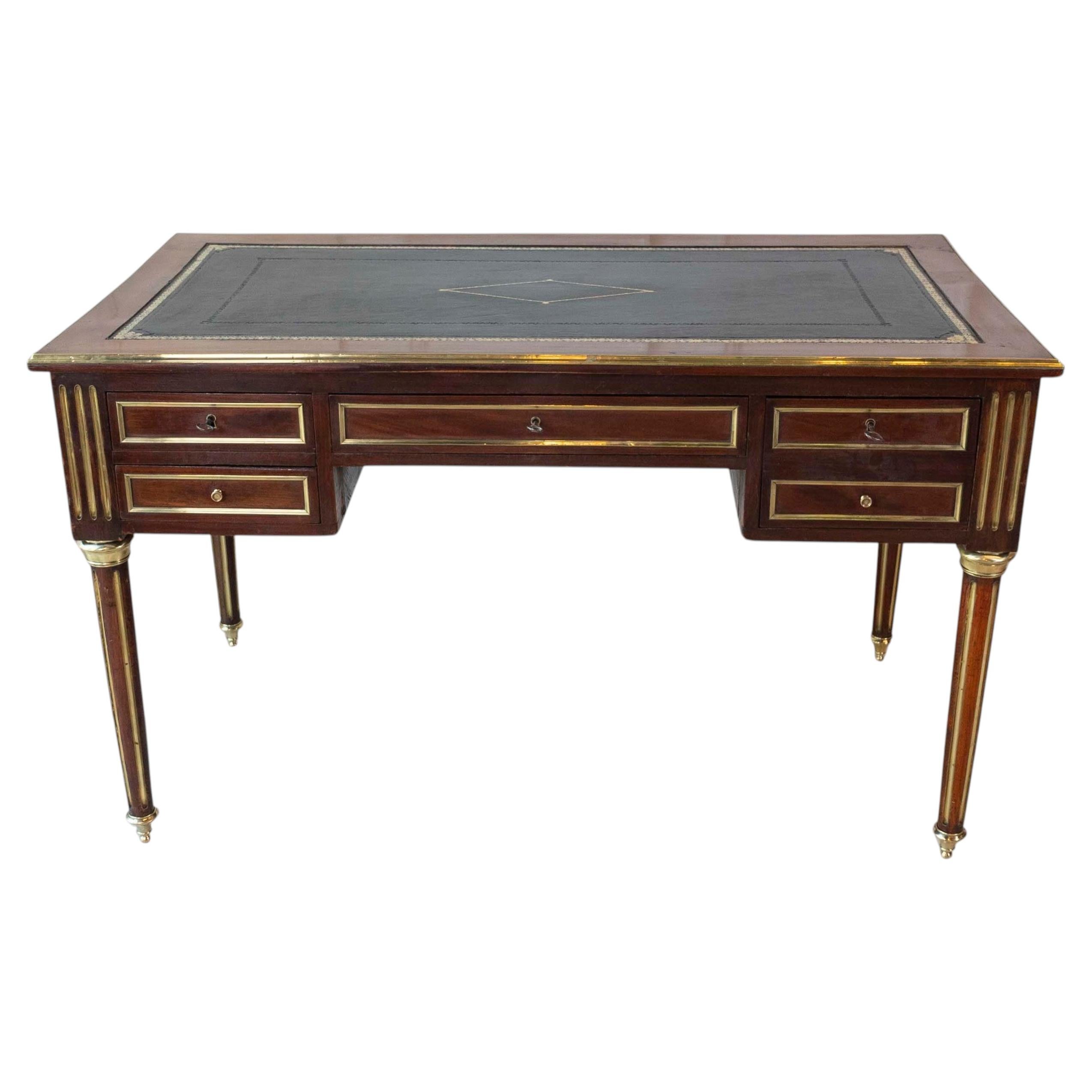 Louis XVI-Style Double-Sided Wood and Brass Bureau Plat with Leather Top For Sale