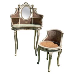 Louis XVI Style, Dressing Table & its Small Armchair Lacquered & Canned, XIXTh