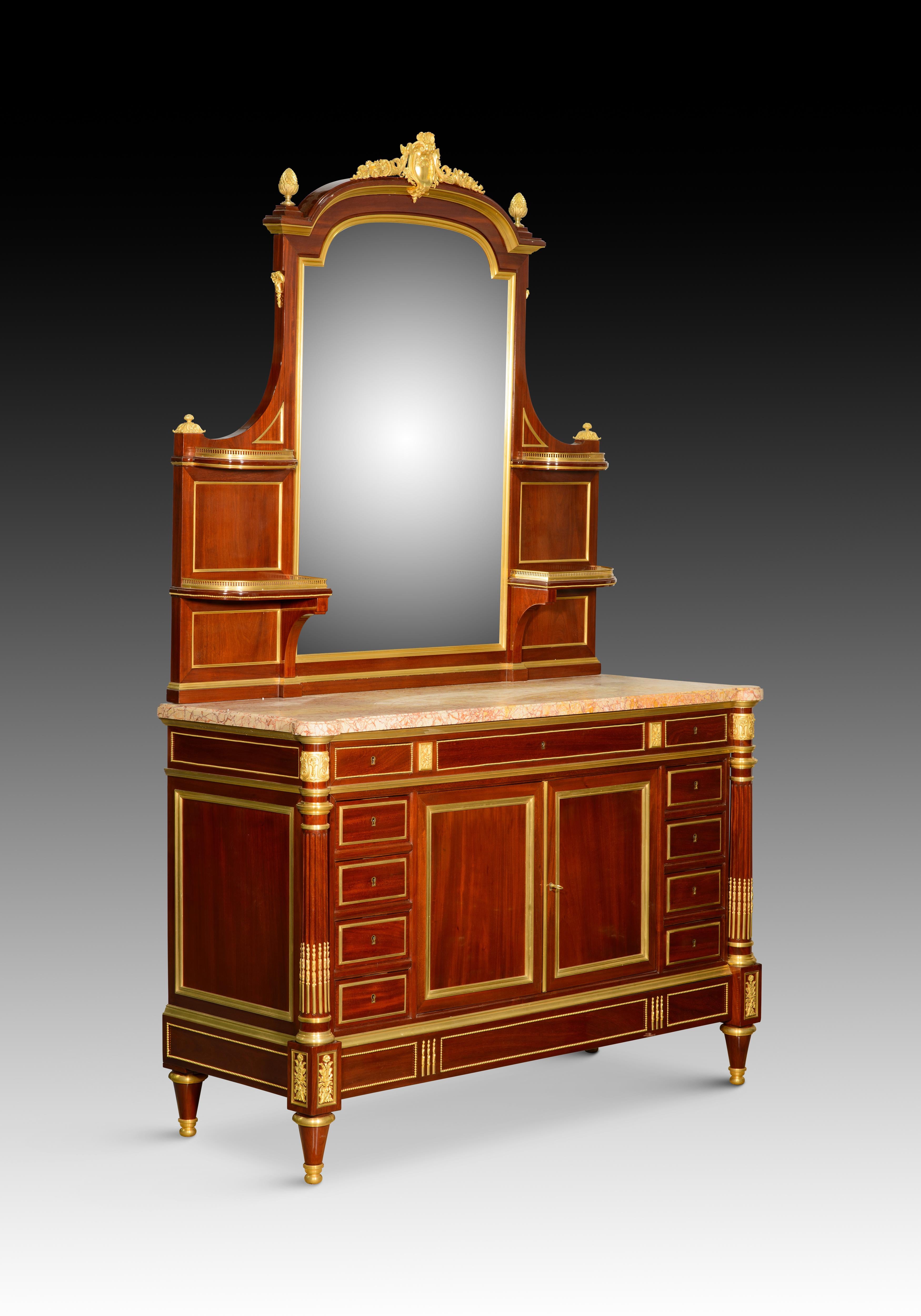 Neoclassical Revival Louis XVI style dressing table. Woods, etc. Guéret Frères, Paris, France, 19th c For Sale