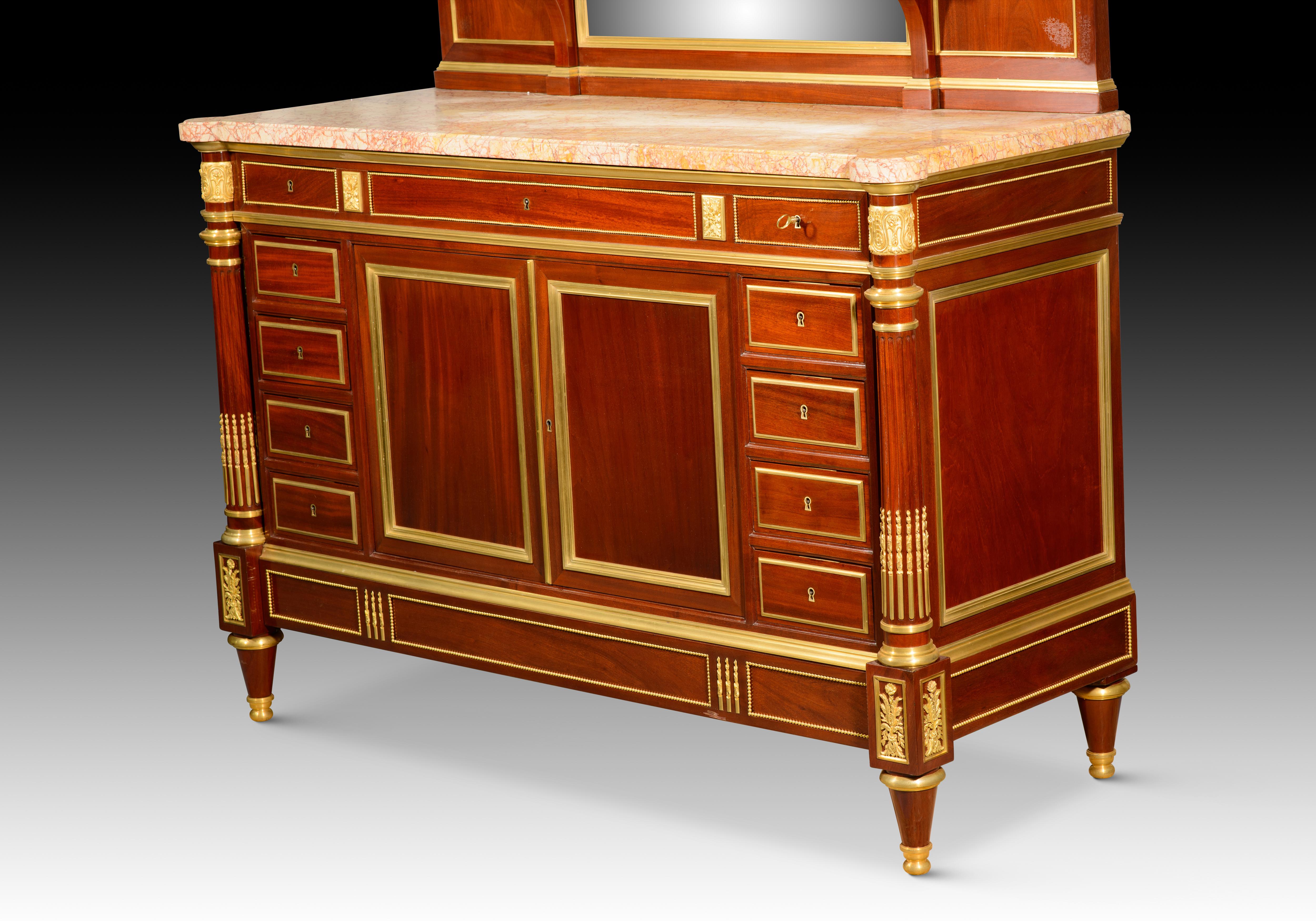 French Louis XVI style dressing table. Woods, etc. Guéret Frères, Paris, France, 19th c For Sale