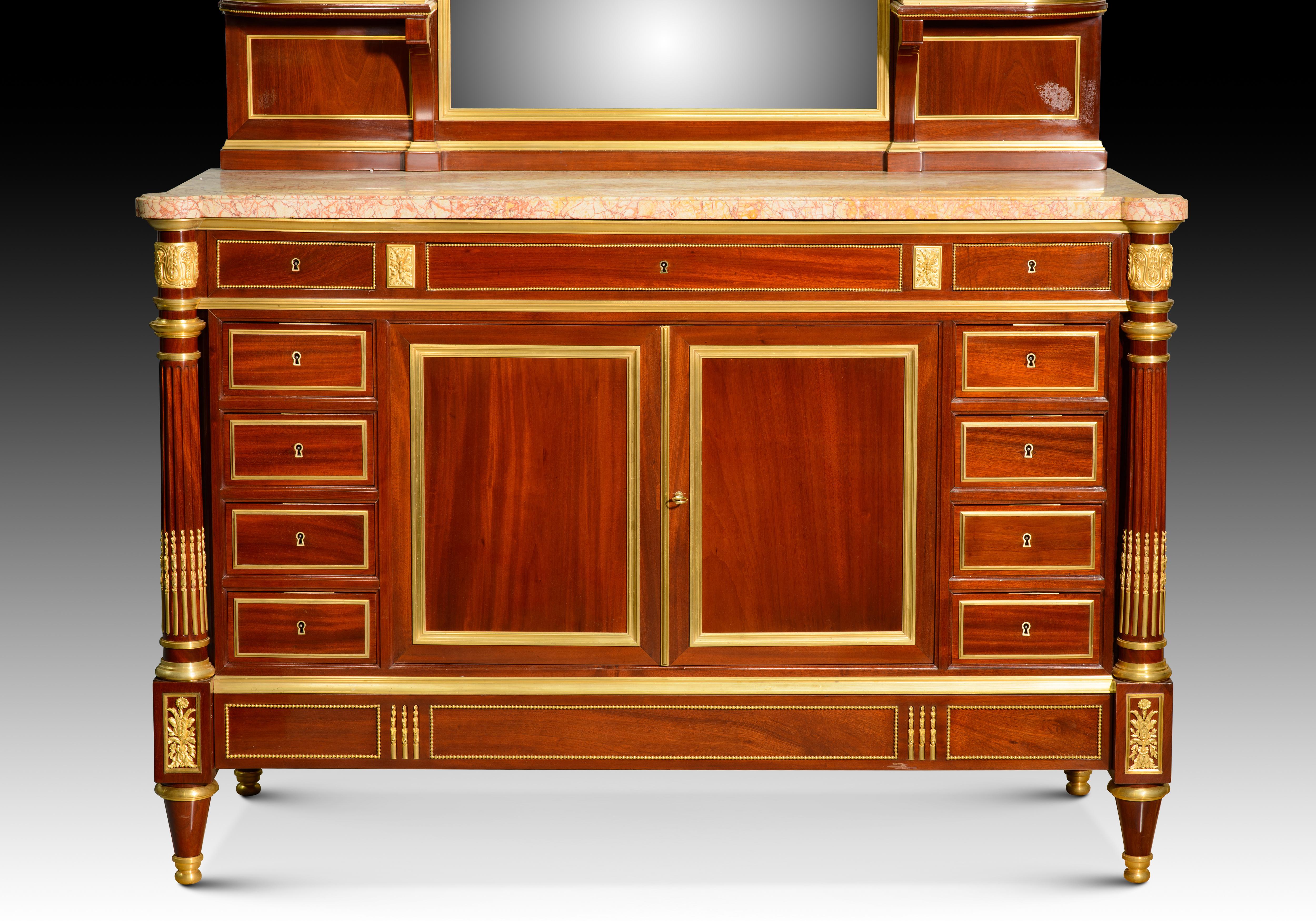 Louis XVI style dressing table. Woods, etc. Guéret Frères, Paris, France, 19th c In Fair Condition For Sale In Madrid, ES