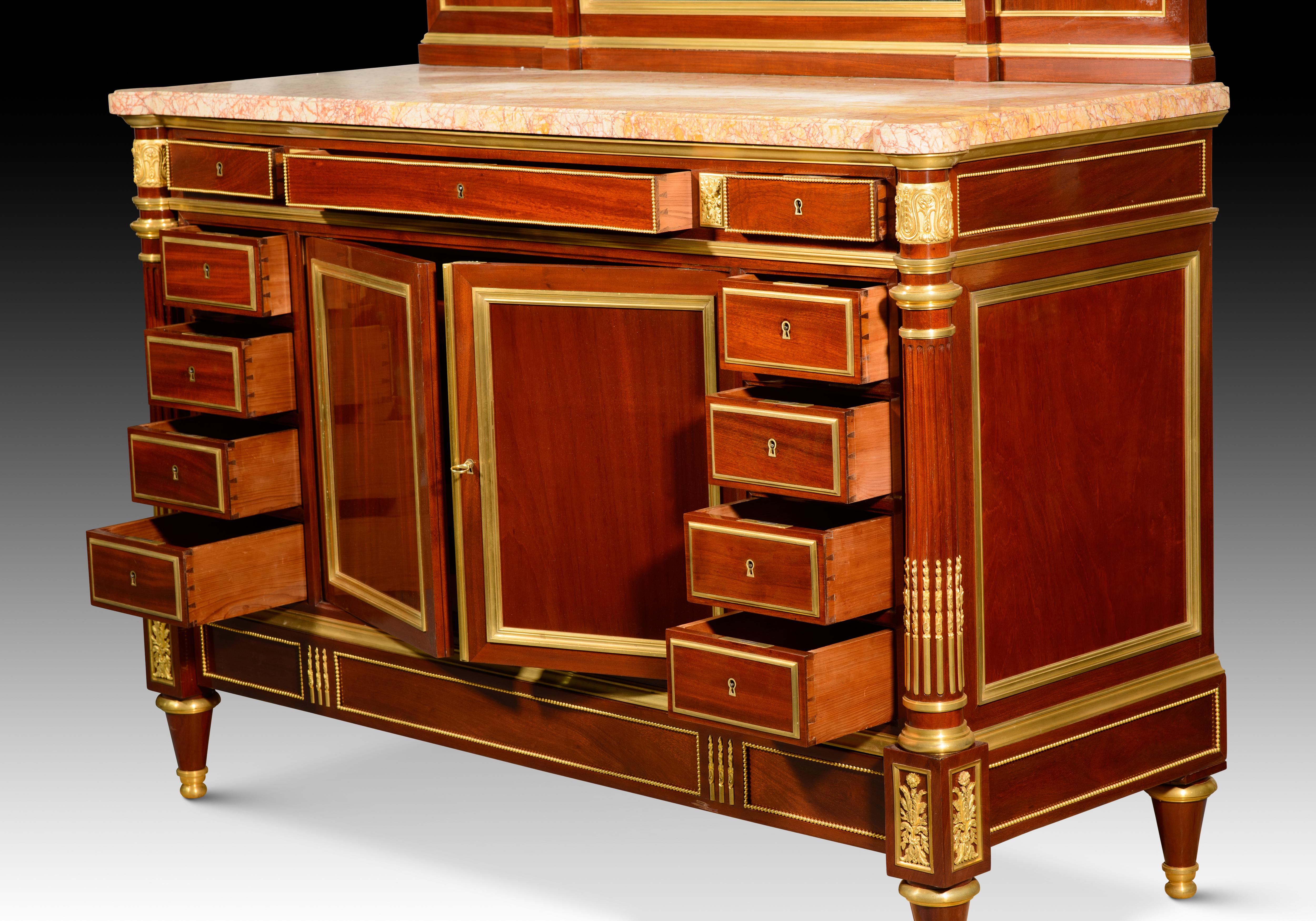 Bronze Louis XVI style dressing table. Woods, etc. Guéret Frères, Paris, France, 19th c For Sale