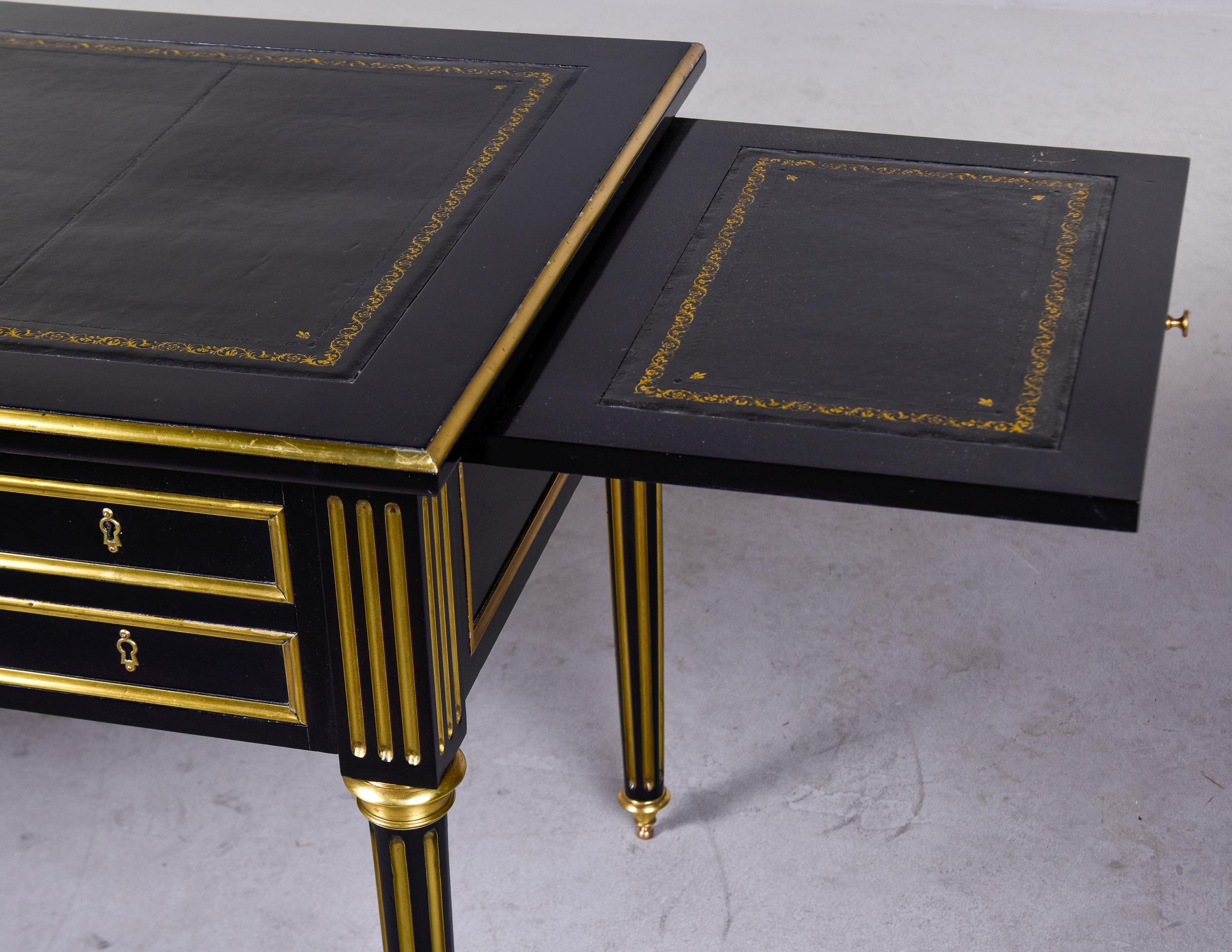 Brass Louis XVI Style ebonized Desk with New Black Leather Top