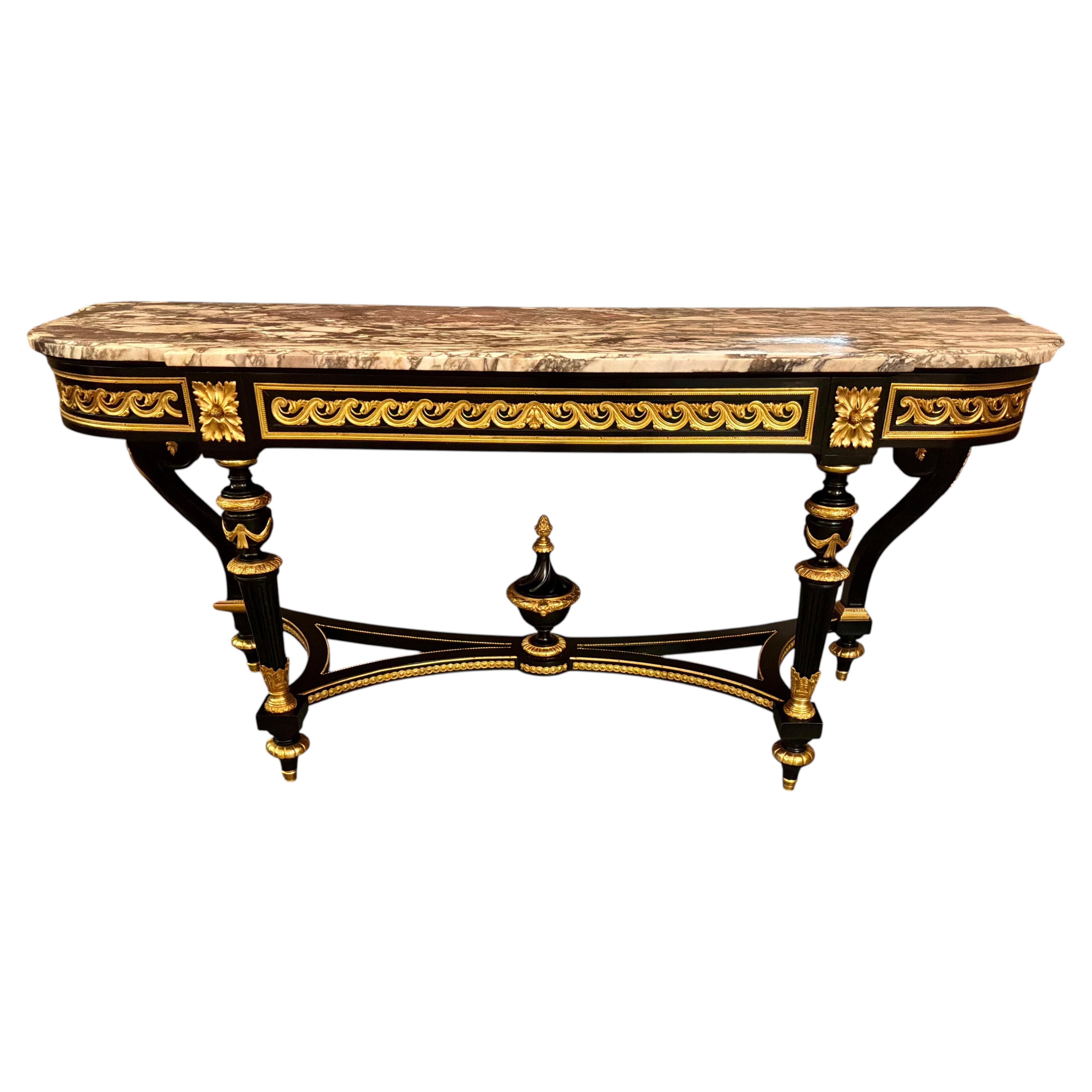 Louis XVI Style ebonized 19 th century console table with gilt bronze mounts