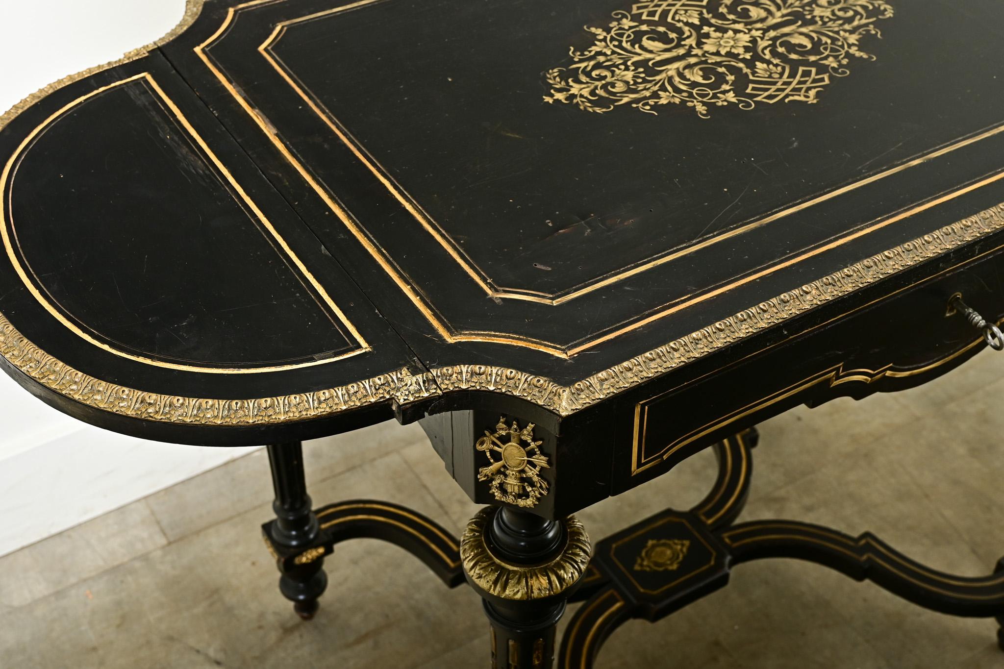 Brass Louis XVI Style Ebonized Drop Leaf Desk For Sale