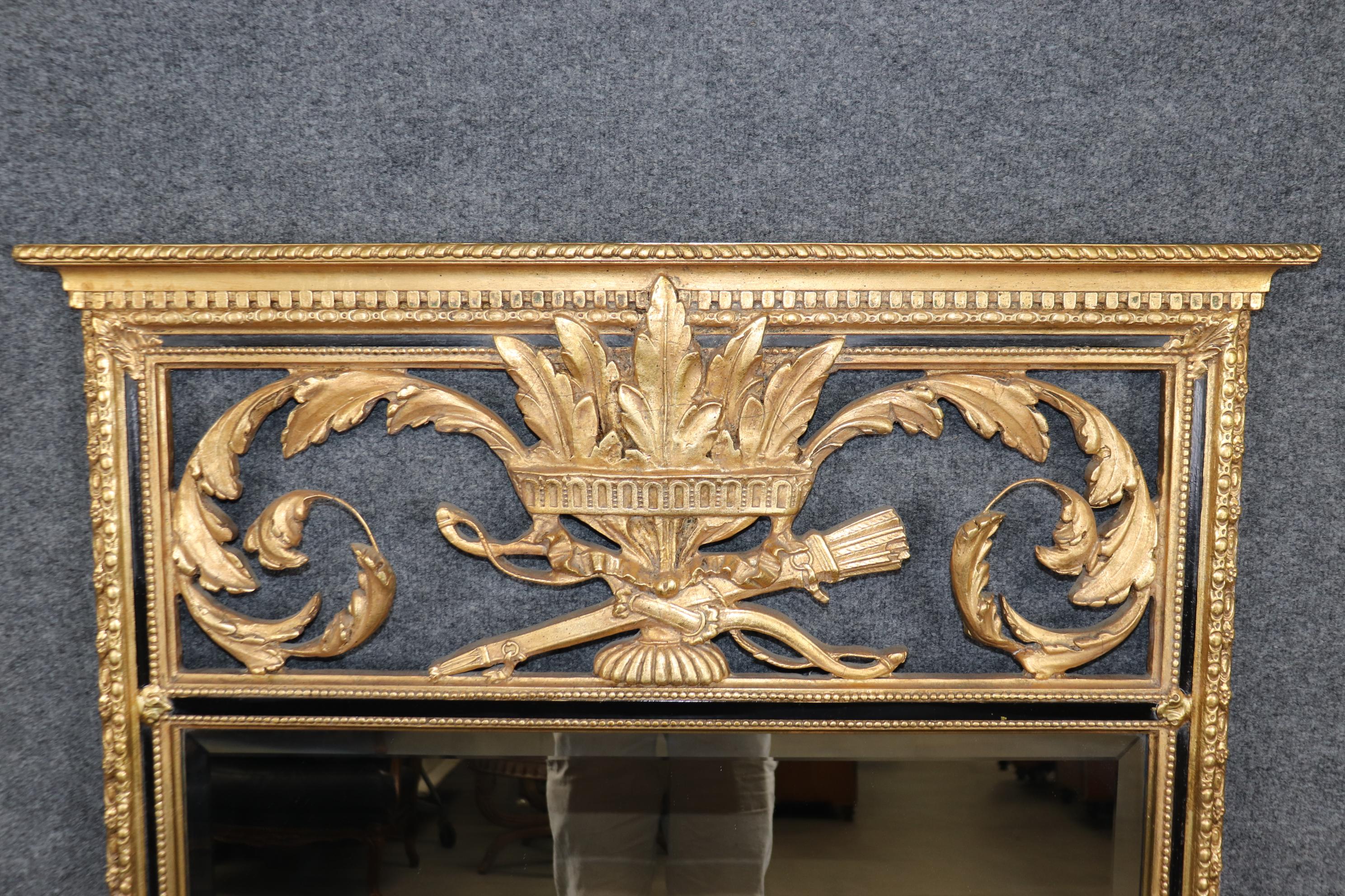 Louis XVI Style Ebonized Gold Gilt Carved Trumeau Mirror By Friedman Brothers In Good Condition In Swedesboro, NJ