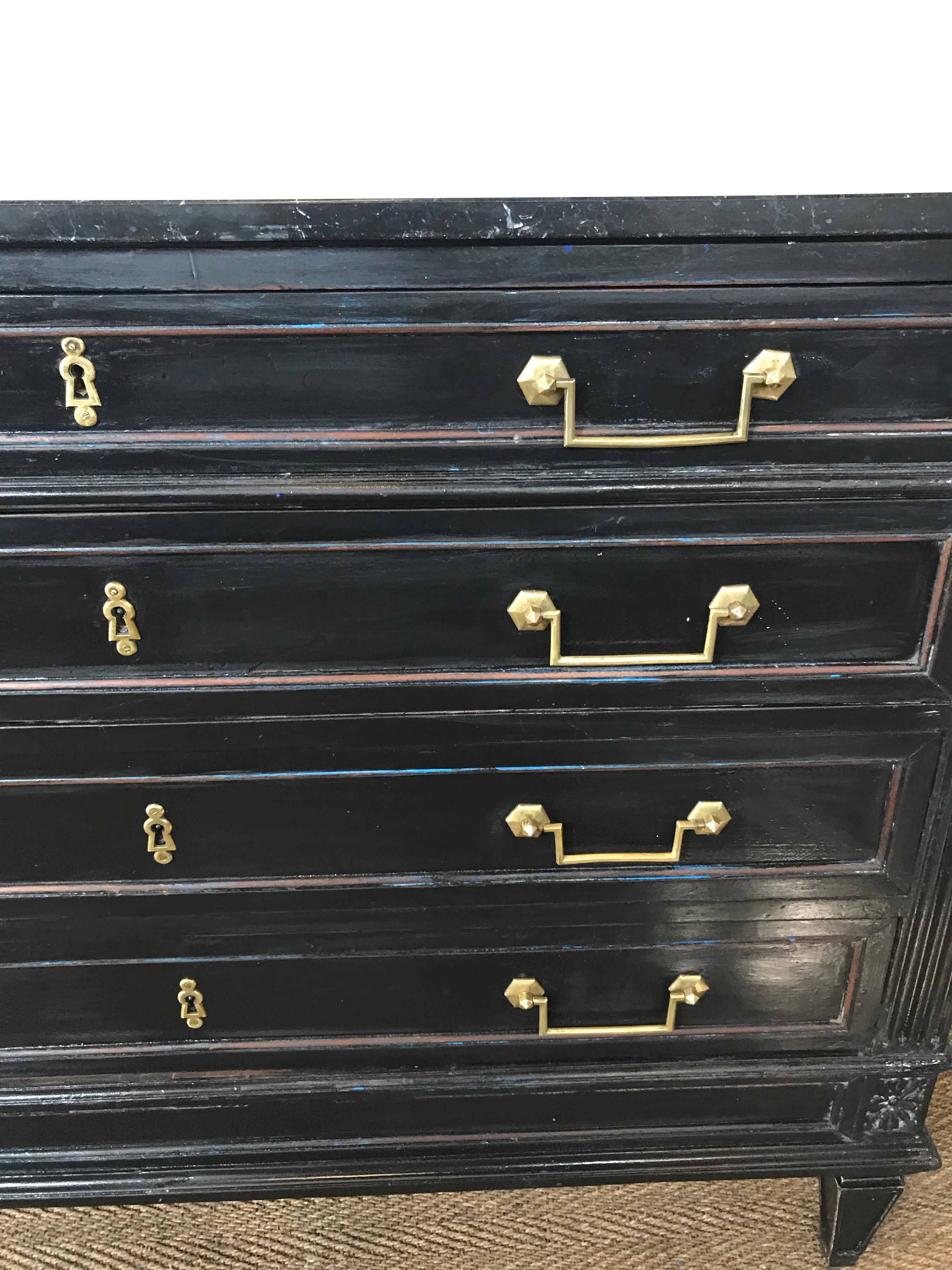 Hand-Crafted Louis XVI Style Ebonized Marble-Top Chest