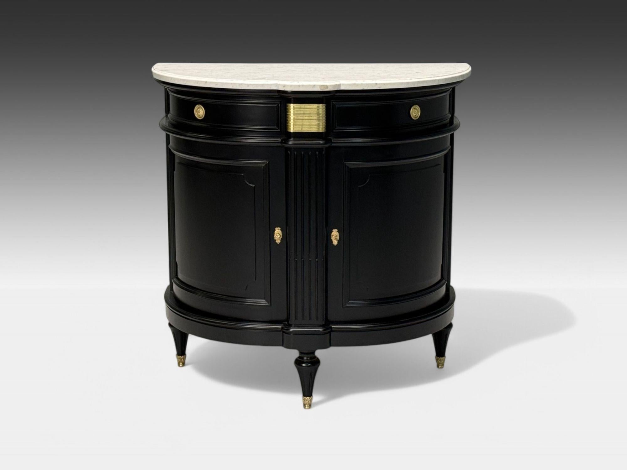 Hollywood Regency Louis XVI Style, Ebony, Bronze, Marble, Demi Lune Server, France, 1930s For Sale