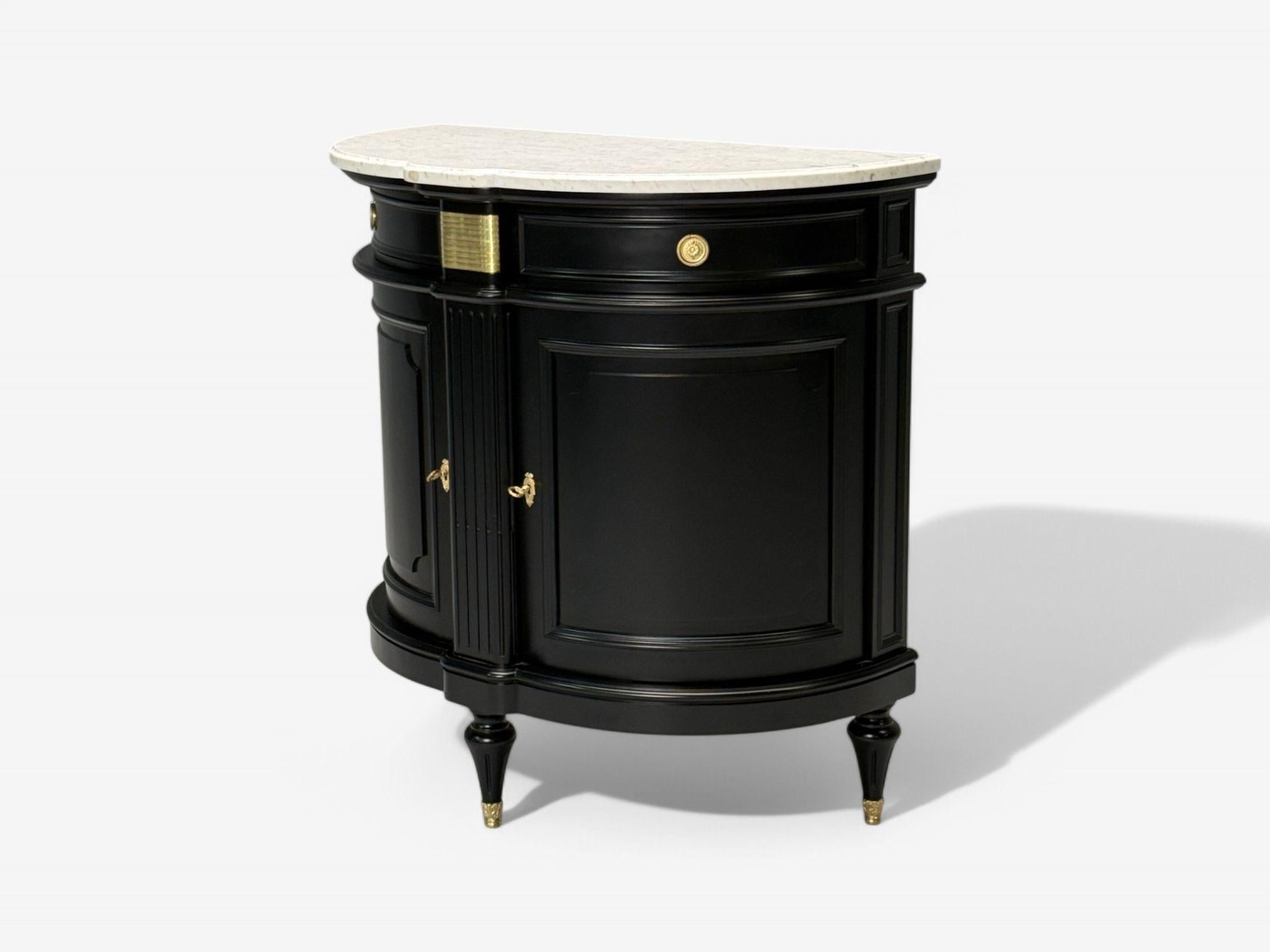 French Louis XVI Style, Ebony, Bronze, Marble, Demi Lune Server, France, 1930s For Sale