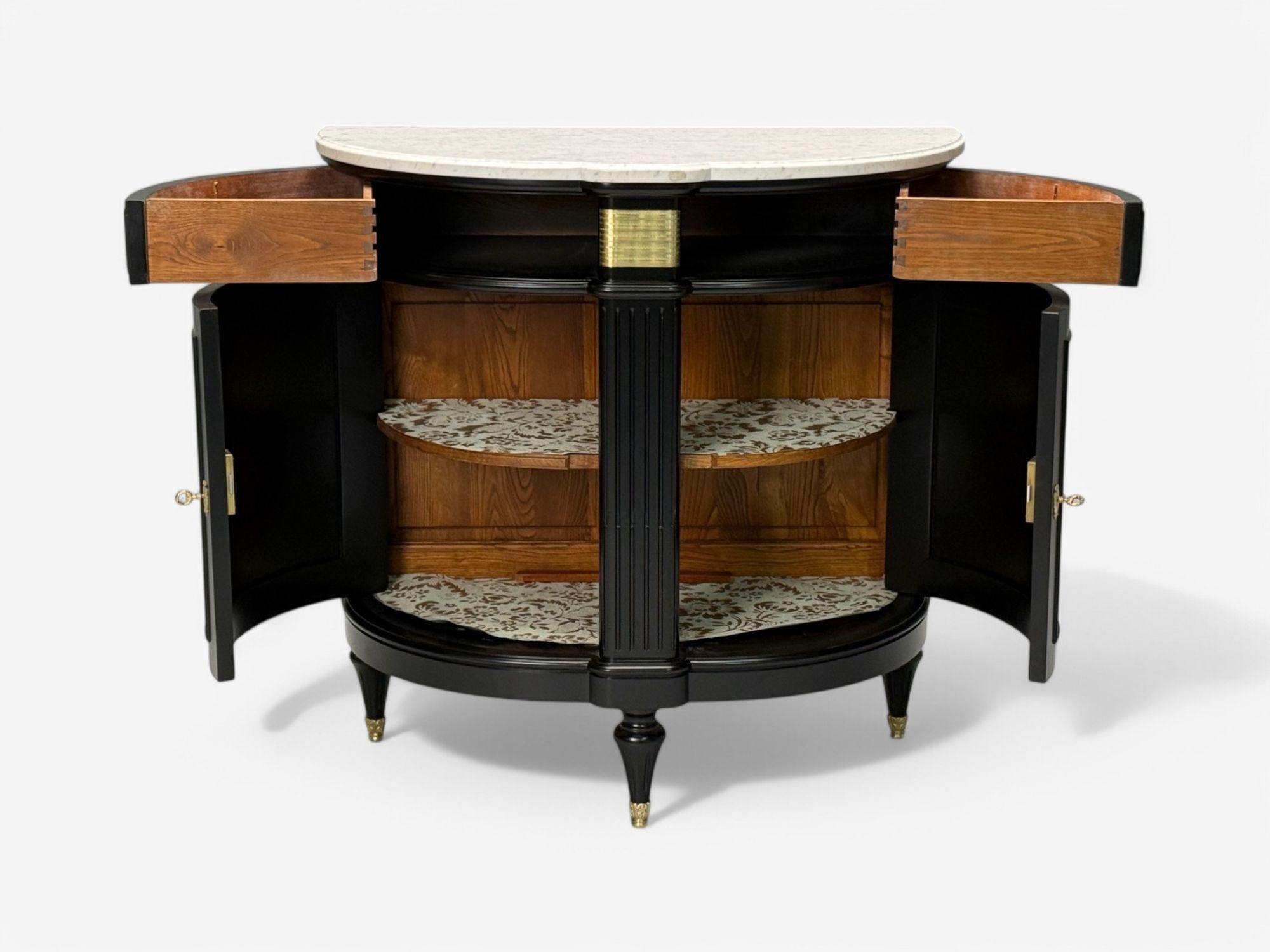 Mid-20th Century Louis XVI Style, Ebony, Bronze, Marble, Demi Lune Server, France, 1930s For Sale