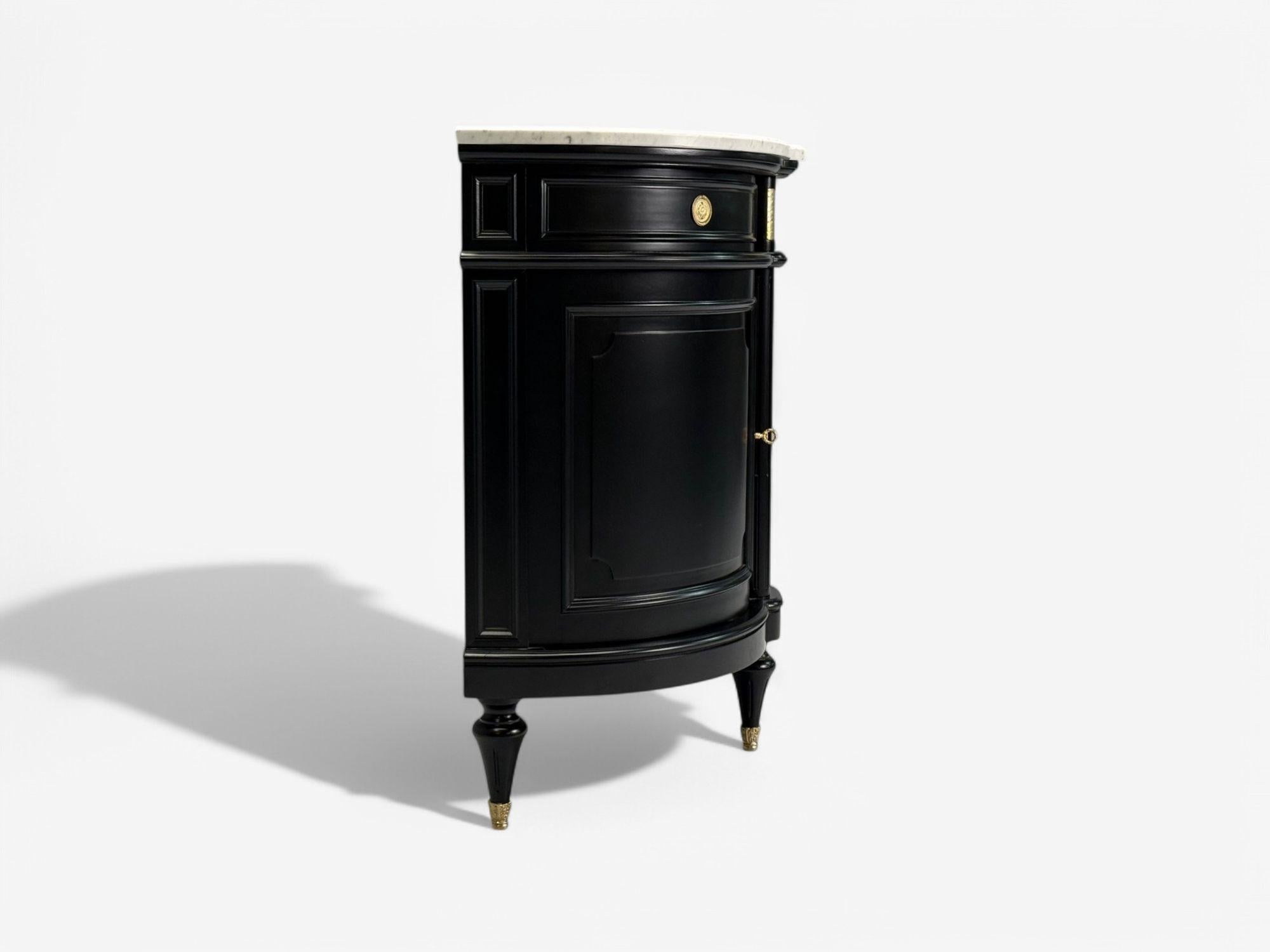 Louis XVI Style, Ebony, Bronze, Marble, Demi Lune Server, France, 1930s For Sale 1
