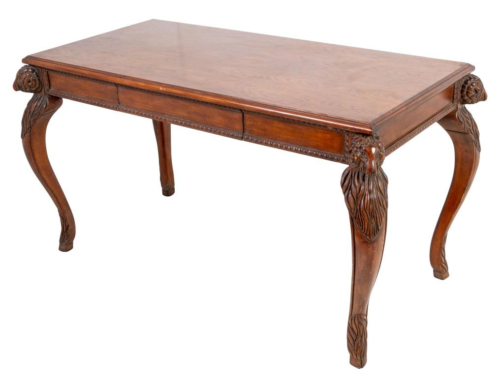 Louis XVI Style Elm and Walnut Center Table, 20th century, the molded rectangular top above a paneled frieze centered by a drawer, on ram's head mounted cabriole legs, with hoof feet. 30.5