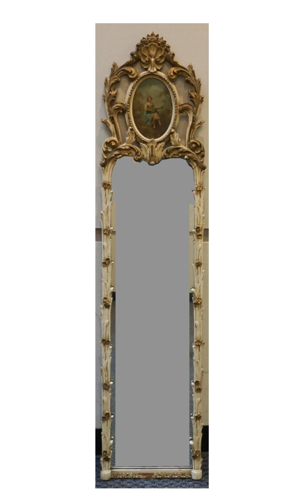 Louis XVI Style Enamel, Gilt Decorated And Signed Hand Painted Trumeau Mirror In Good Condition For Sale In Germantown, MD