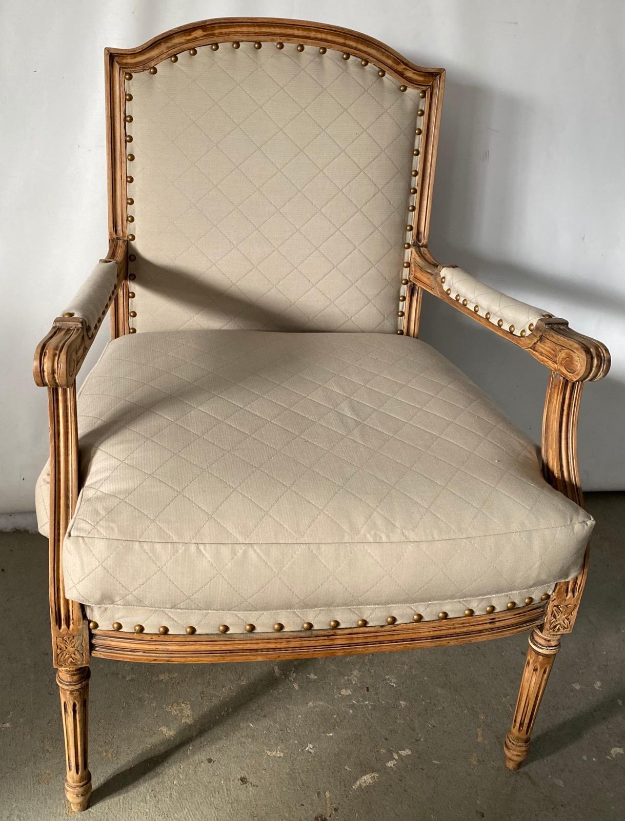 Wood Louis XVI Style Fauteuil and Matching Side Chair For Sale