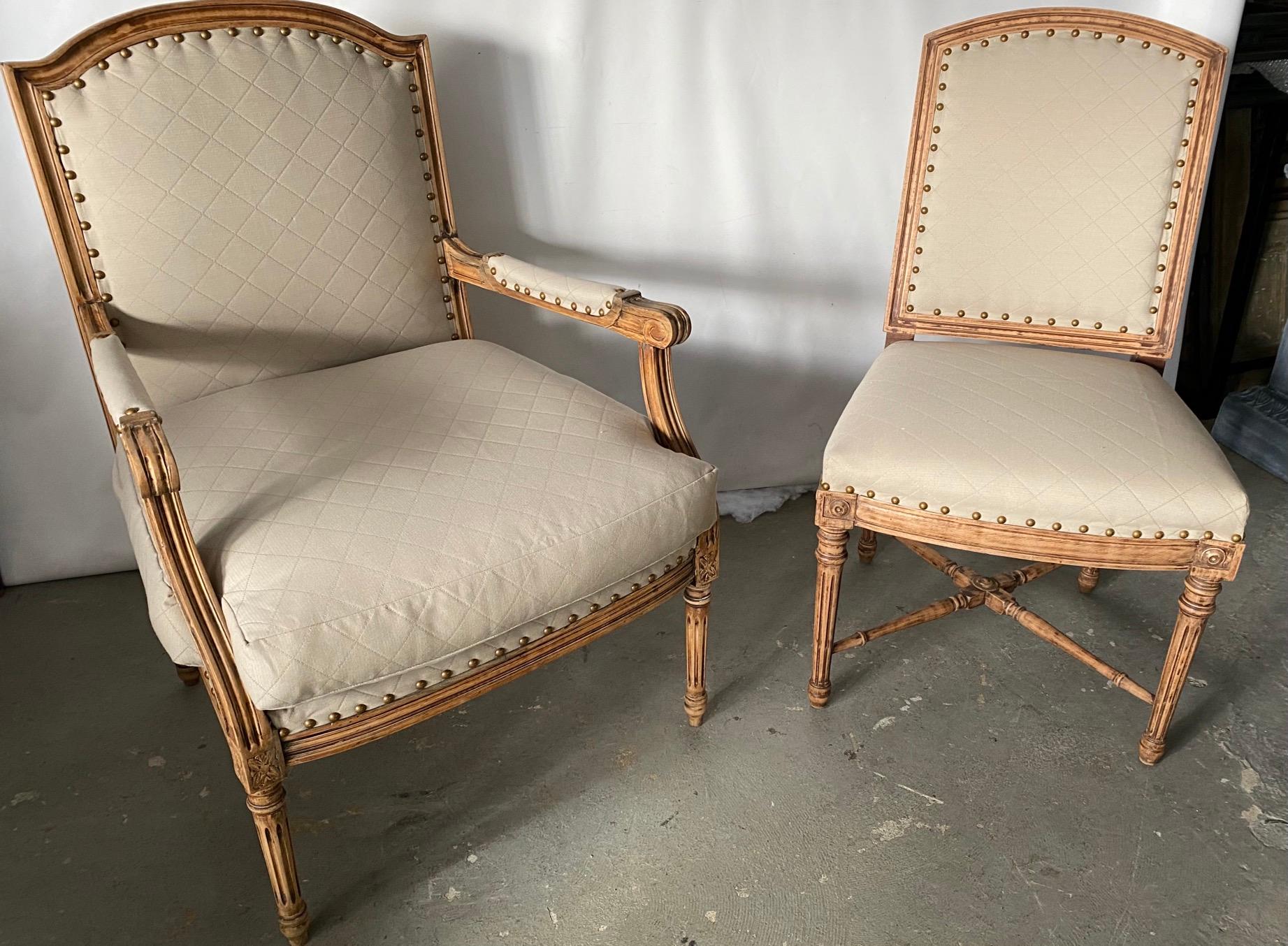 Louis XVI Style Fauteuil and Matching Side Chair For Sale 2