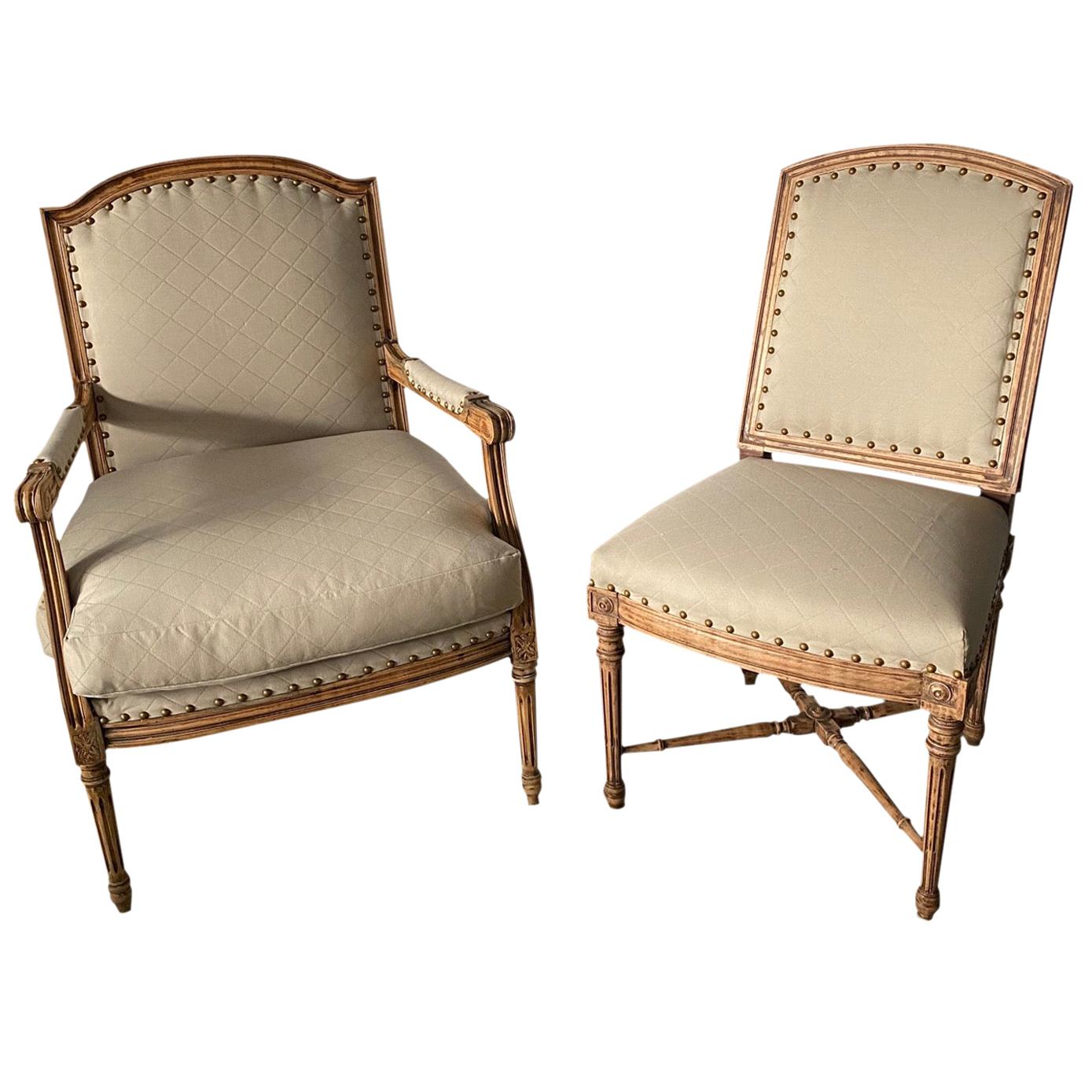 Louis XVI Style Fauteuil and Matching Side Chair For Sale