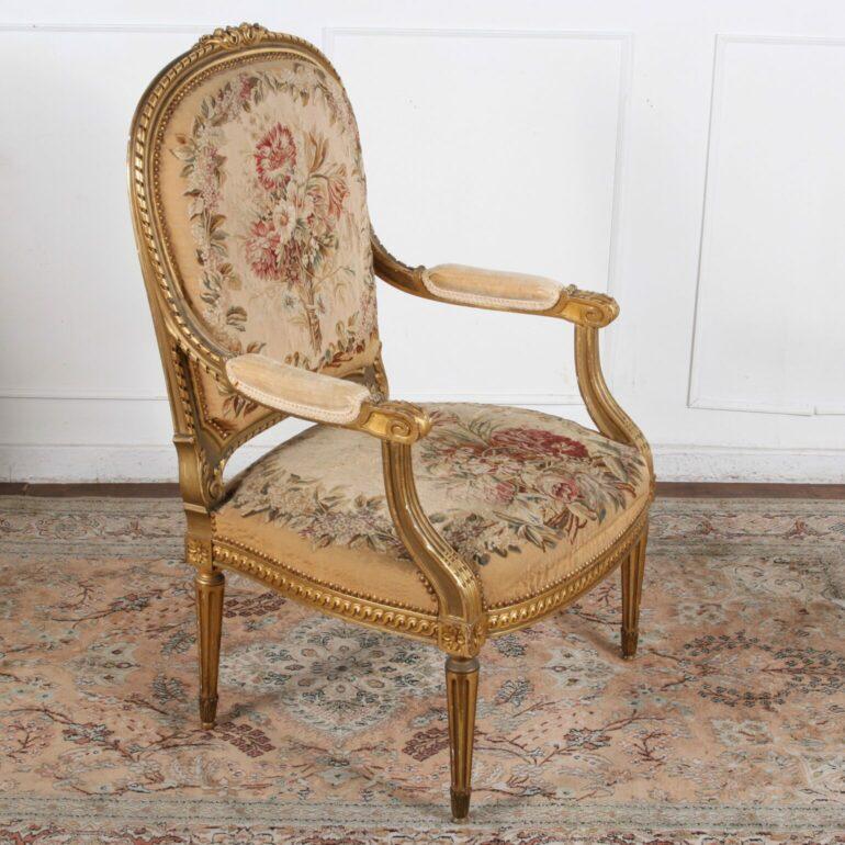 Wool Louis XVI Style Fauteuils with Original Aubusson Upholstery – Set of Four For Sale