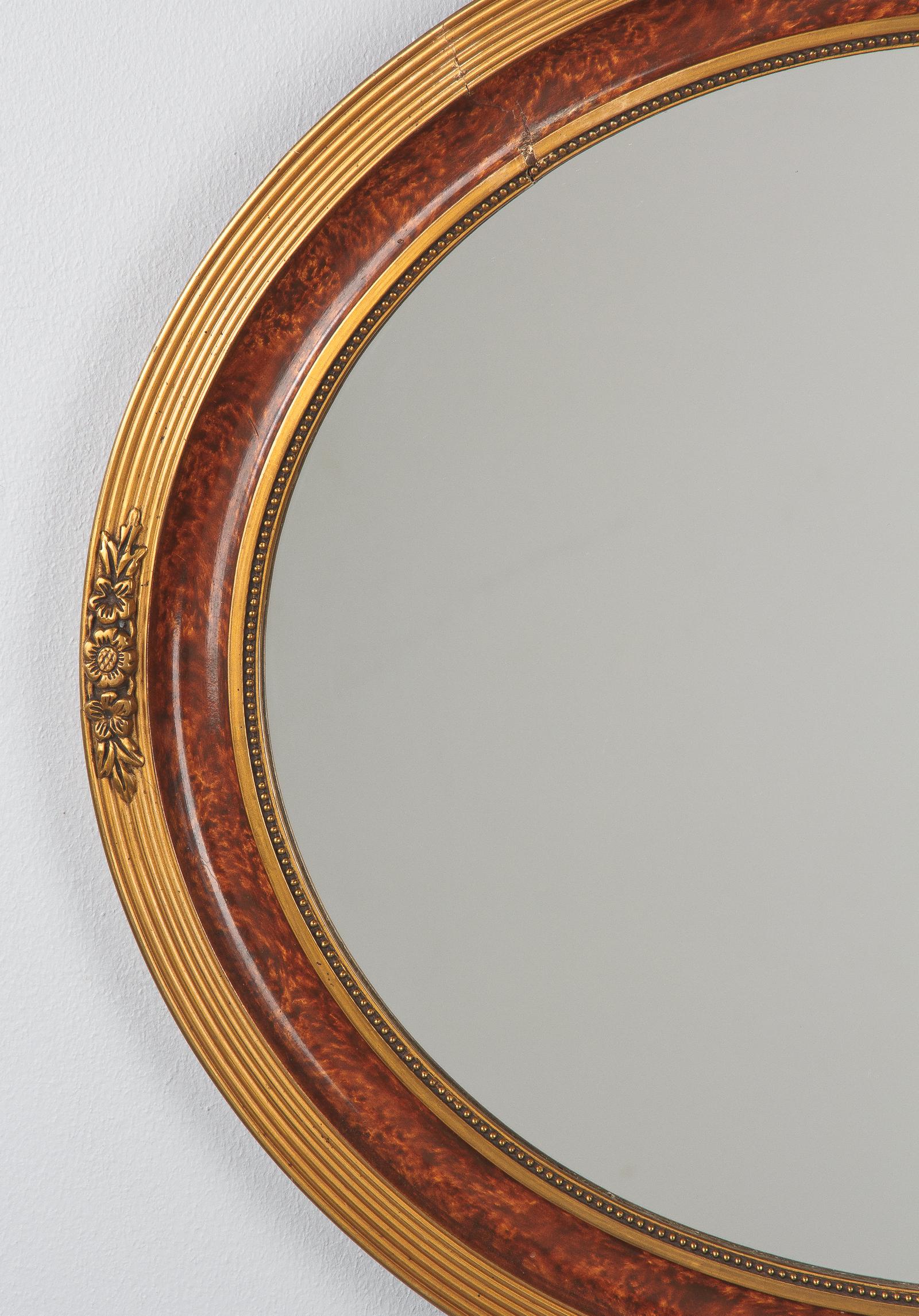 French Louis XVI Style Faux Tortoise Oval Mirror, France, 1920s