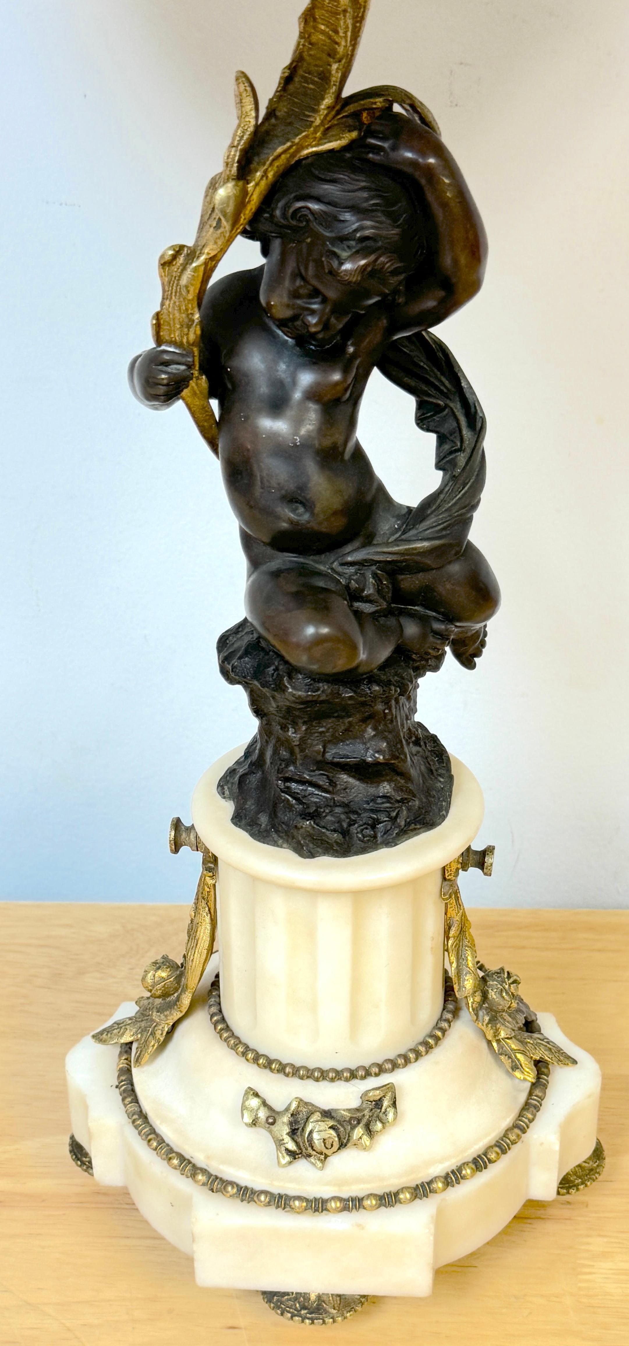 French Louis XVI Style Figural Putti Ormolu & Bronze Tole Bouillotte Lamp For Sale