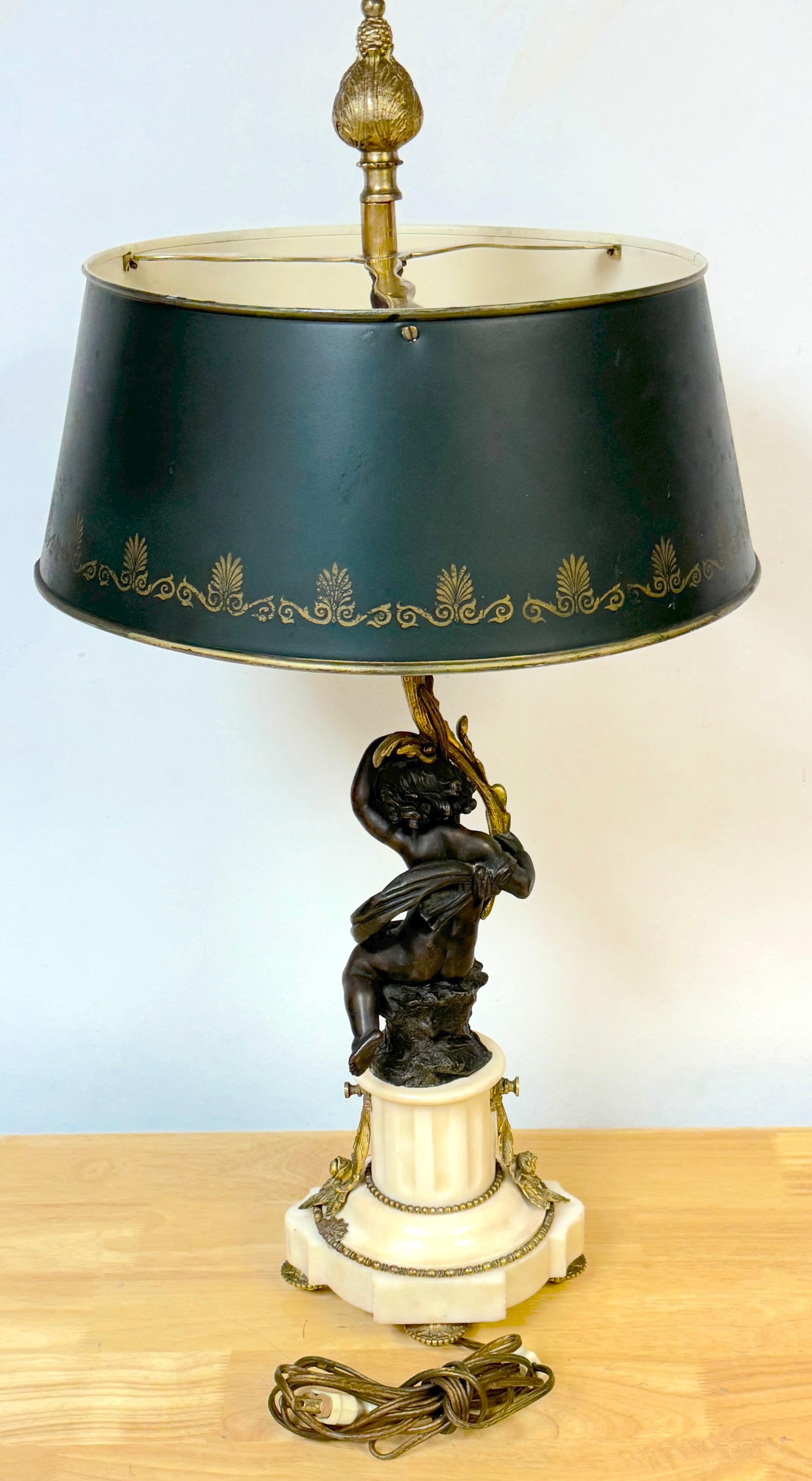 Louis XVI Style Figural Putti Ormolu & Bronze Tole Bouillotte Lamp For Sale 1