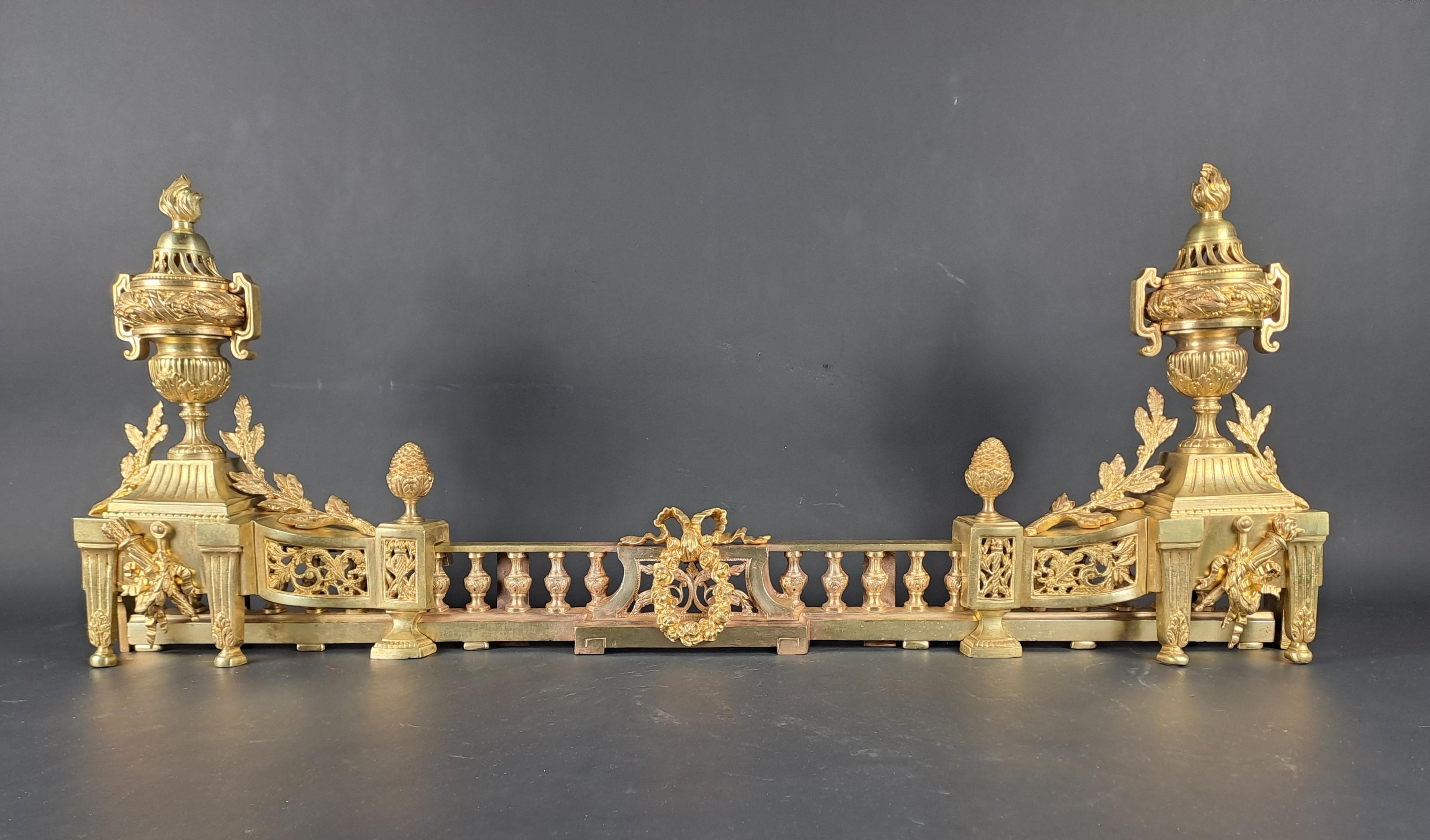 Louis XVI Style Firebar / Andirons In Gilded Bronze For Sale 5