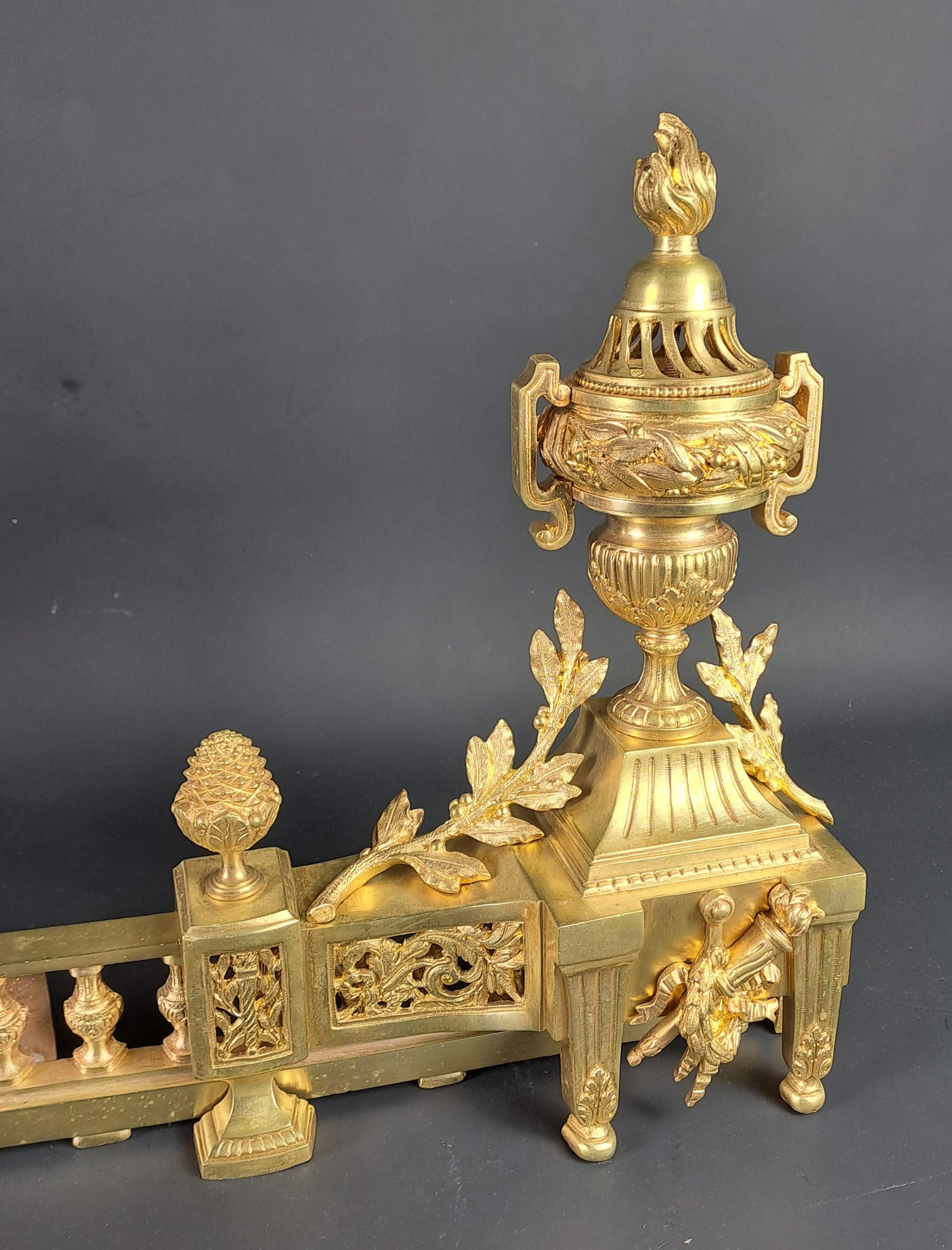 Napoleon III Louis XVI Style Firebar / Andirons In Gilded Bronze For Sale